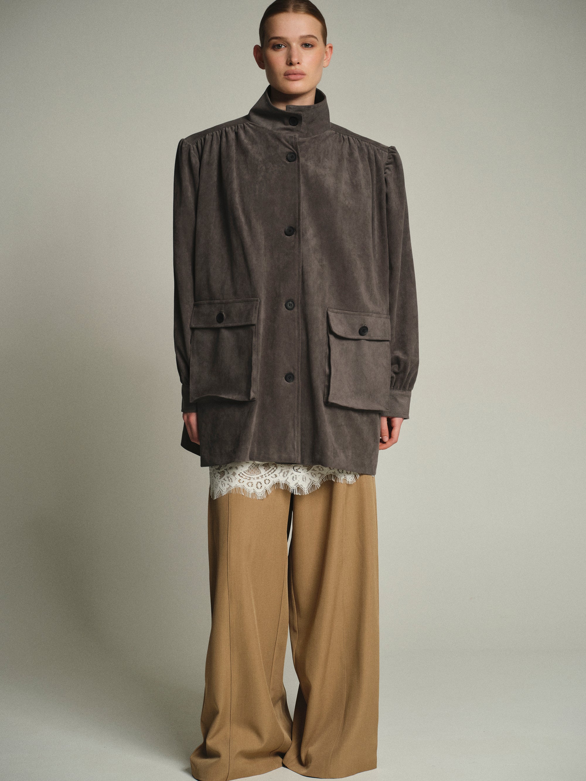 Lalisa Longline Ruched Suede Bomber, Grey