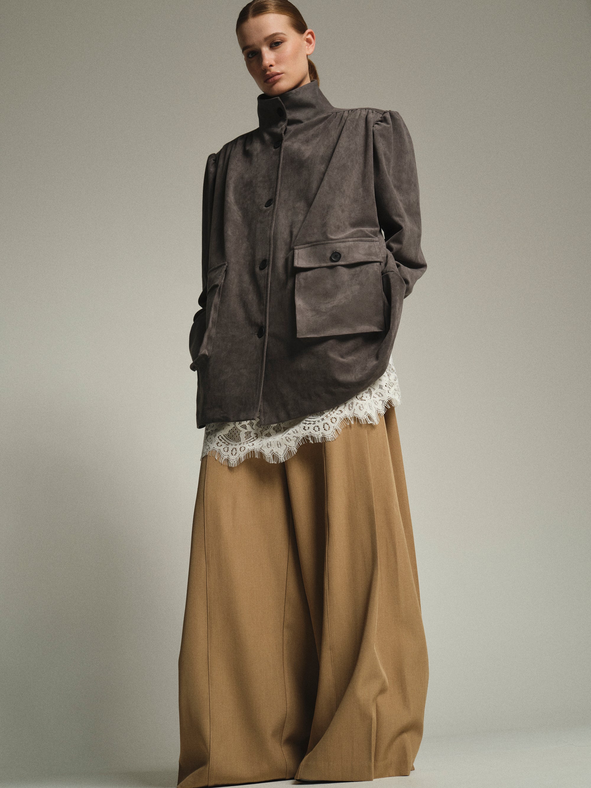 Lalisa Longline Ruched Suede Bomber, Grey