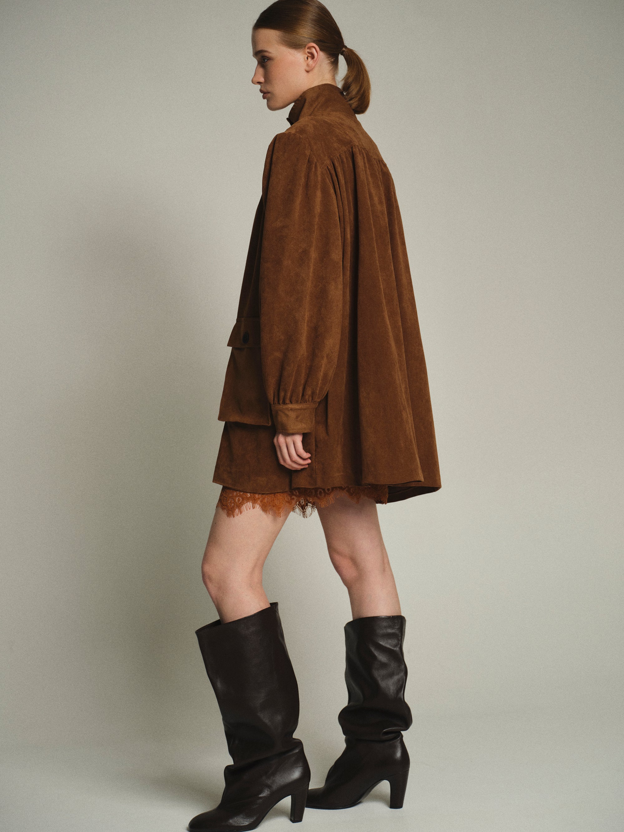 Lalisa Longline Ruched Suede Bomber, Burnt Umber