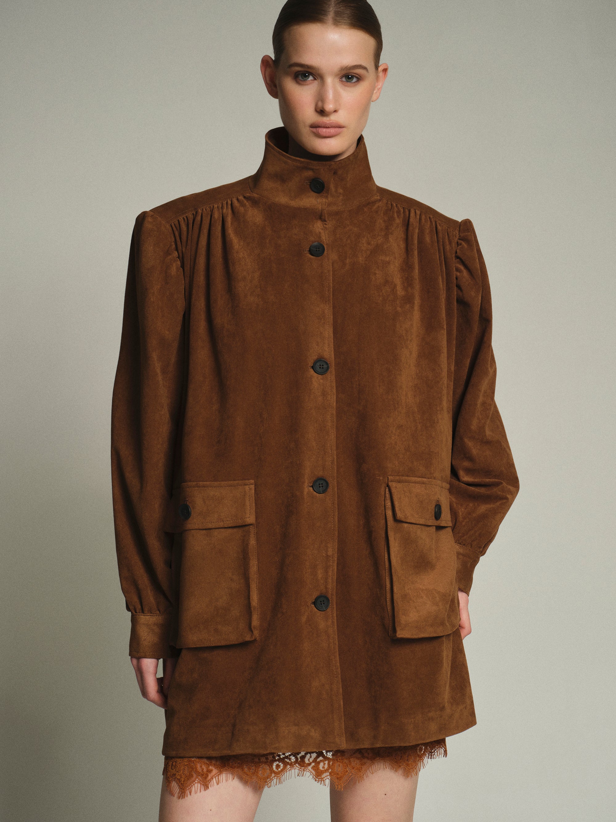 Lalisa Longline Ruched Suede Bomber, Burnt Umber