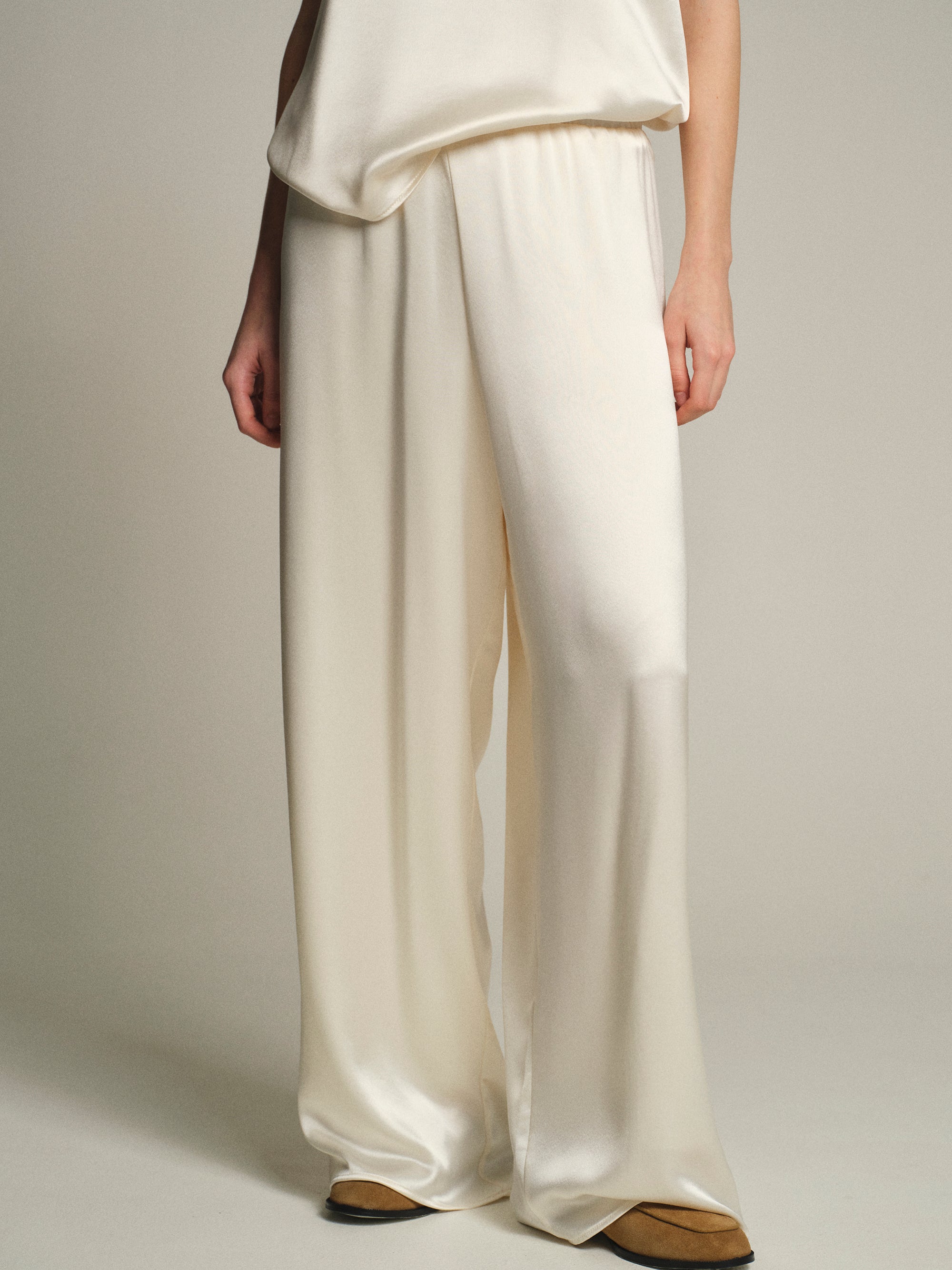 Satin Effect Drawstring Pants, Pearl