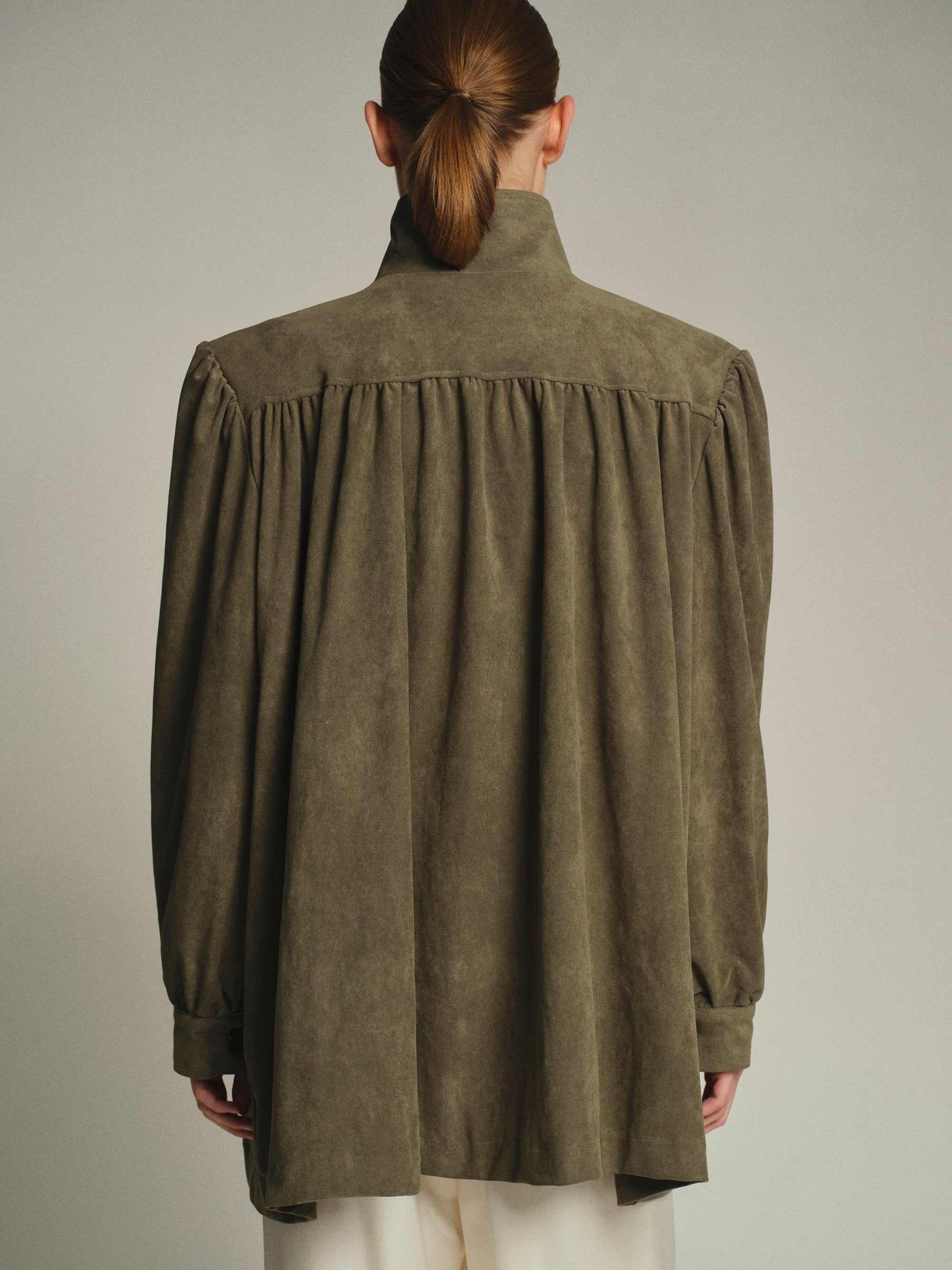 Lalisa Longline Ruched Suede Bomber, Sage