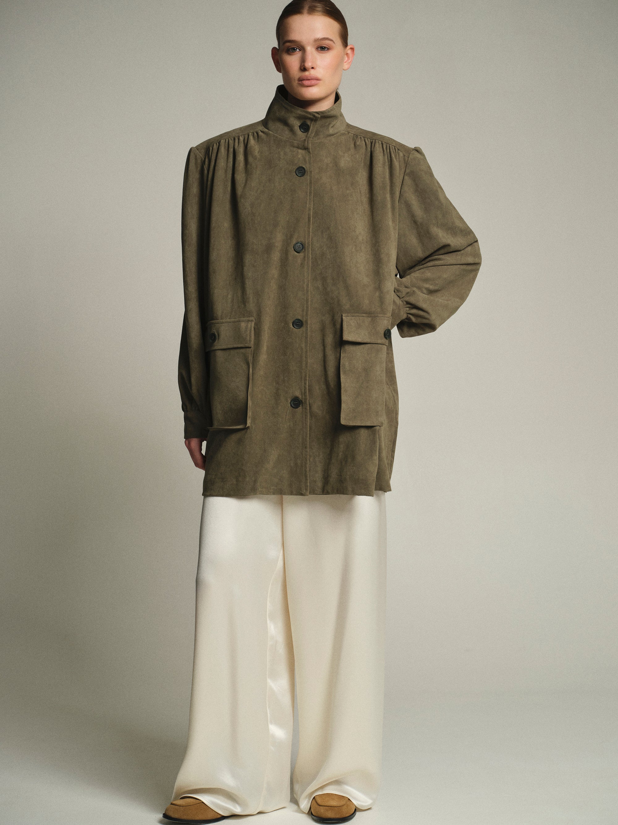 Lalisa Longline Ruched Suede Bomber, Sage