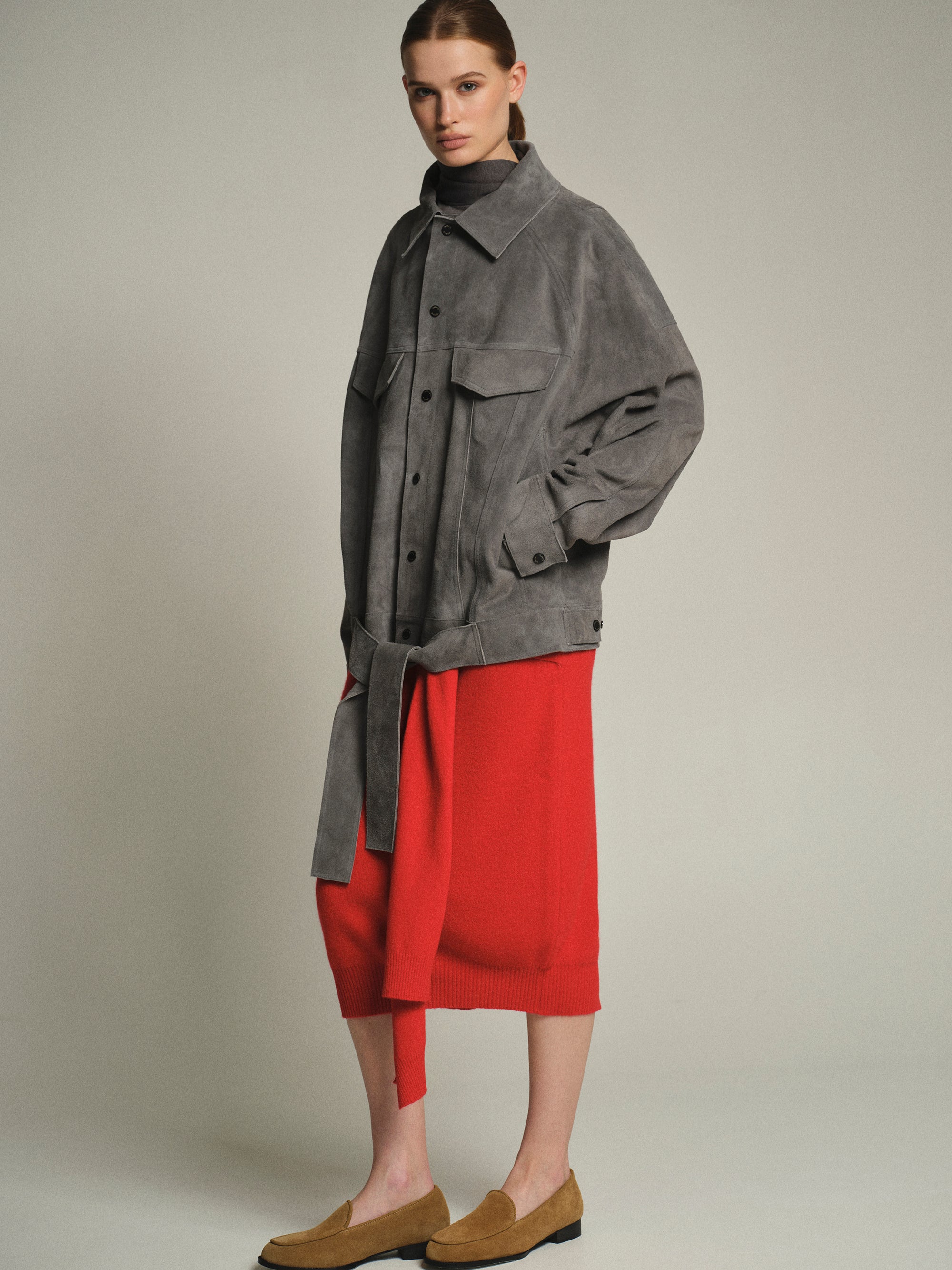 Belted Suede Leather Jacket, Grey