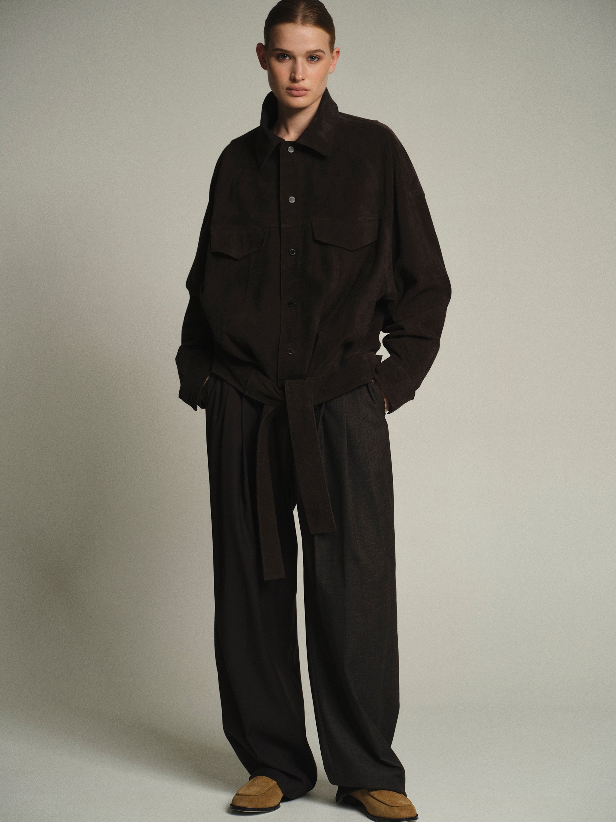 Belted Suede Leather Jacket, Chocolate