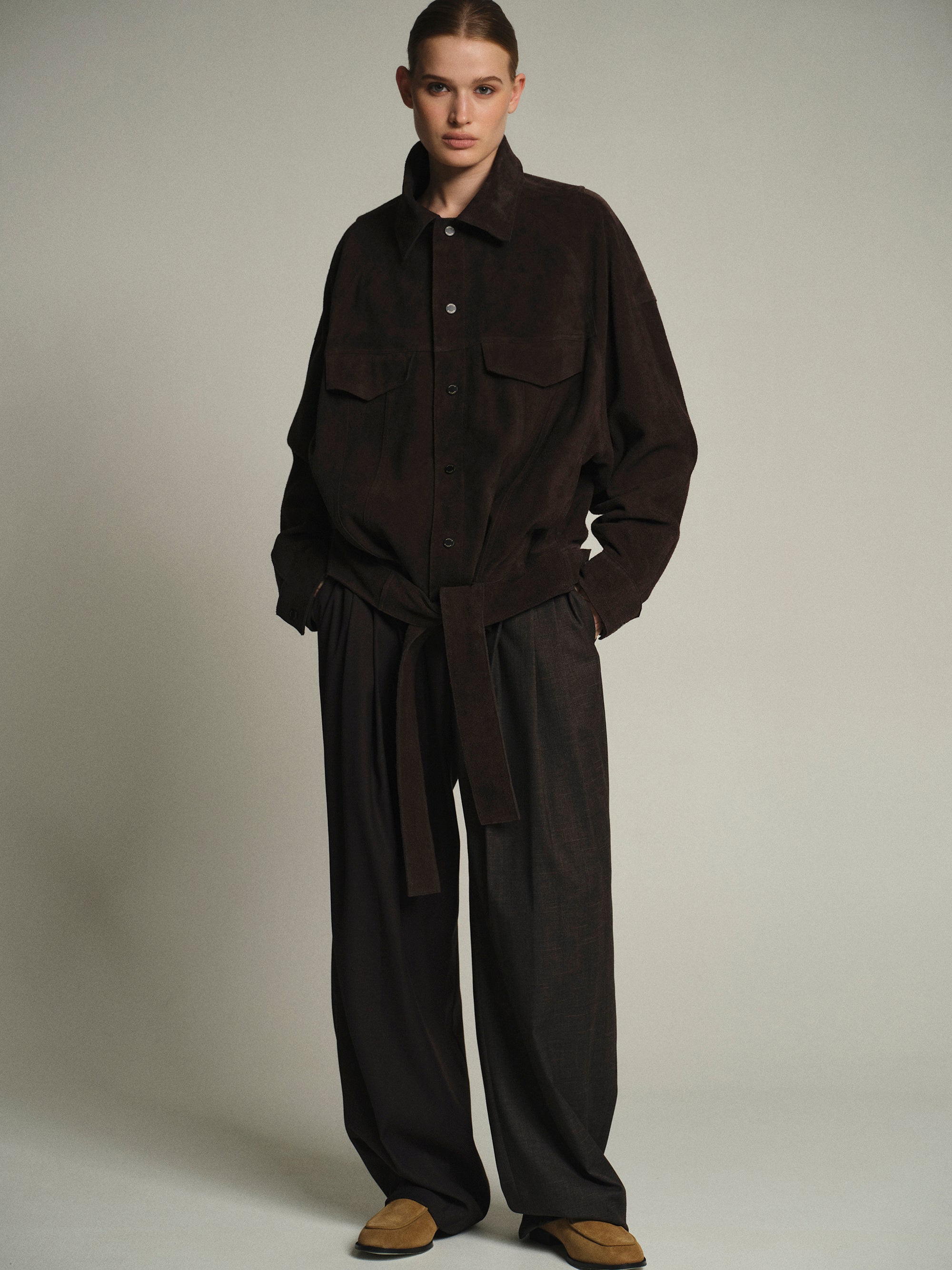 Belted Suede Leather Jacket, Chocolate