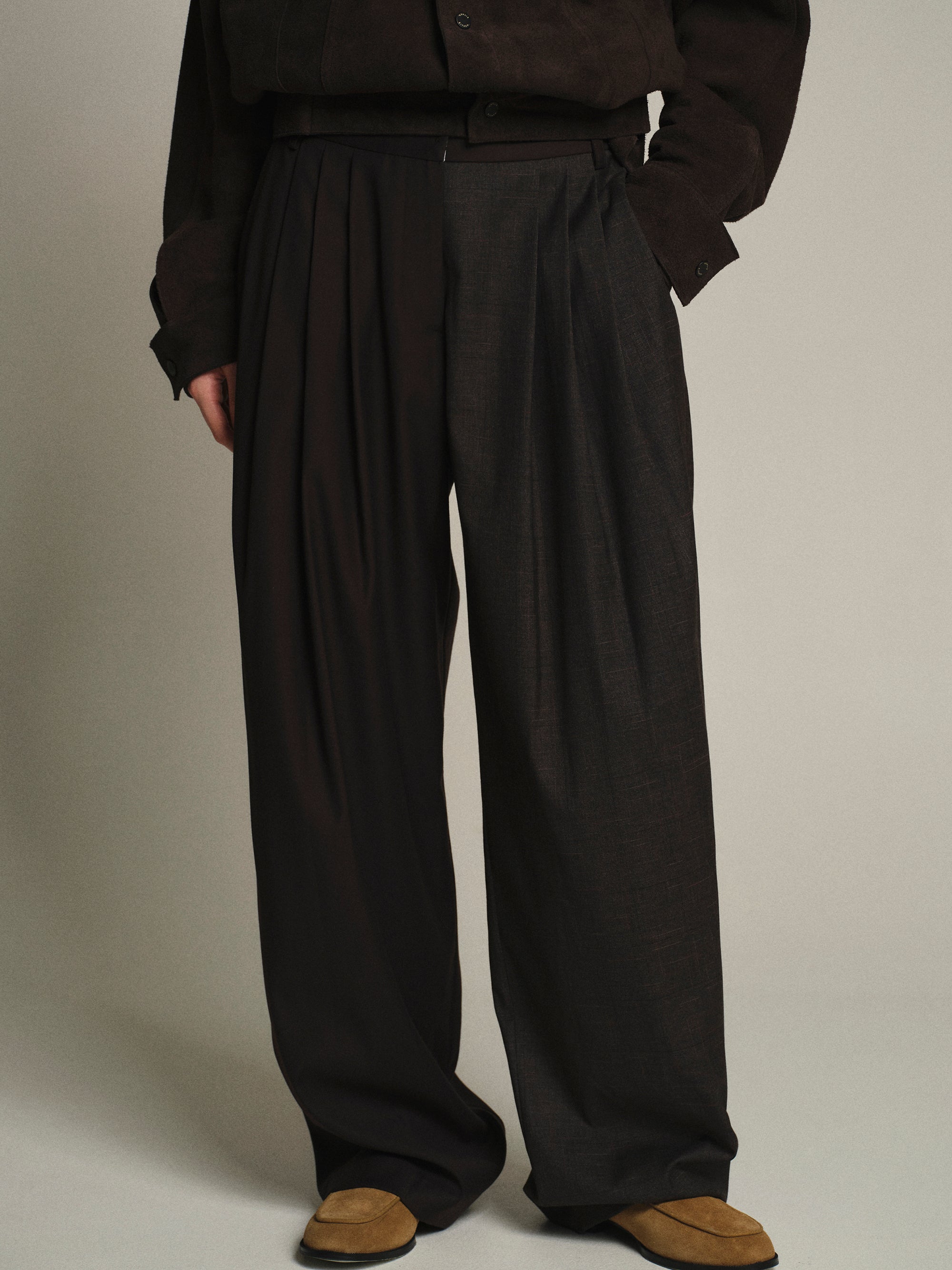 Combination Pleated Trousers, Brown