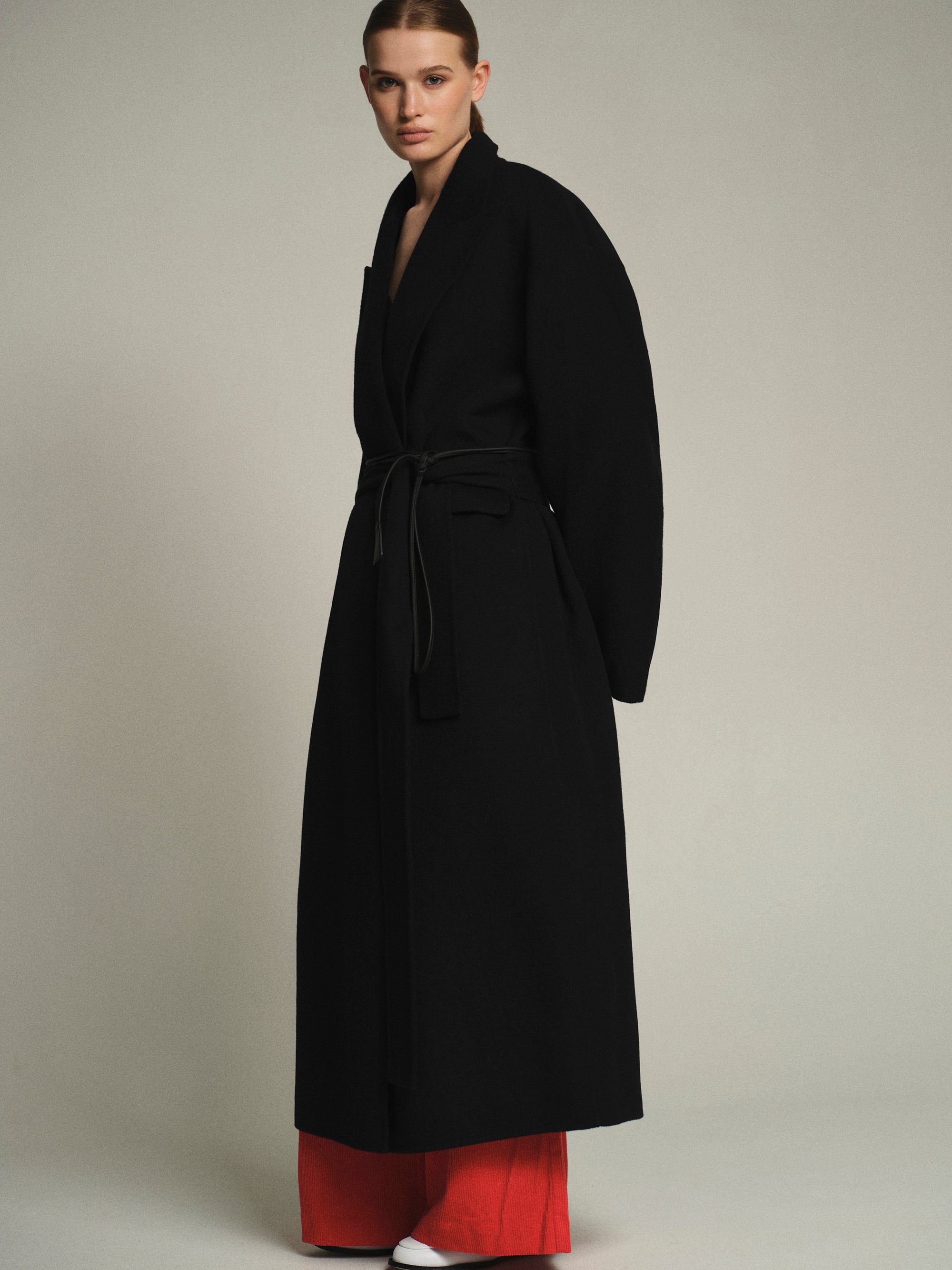 100% Wool Shawl-Collar Coat, Black