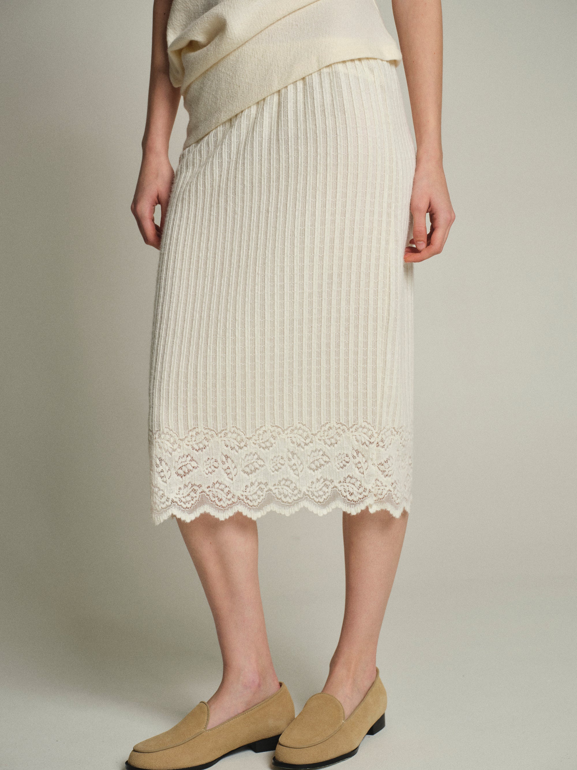 Lace-Detail Knit Skirt, Cream