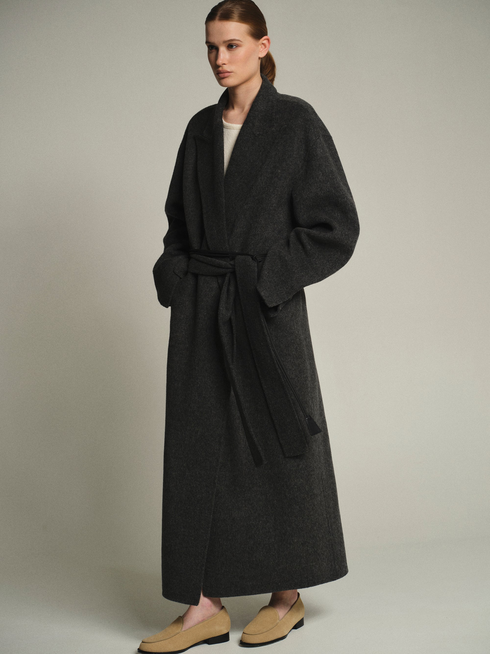 100% Wool Shawl-Collar Coat, Charcoal