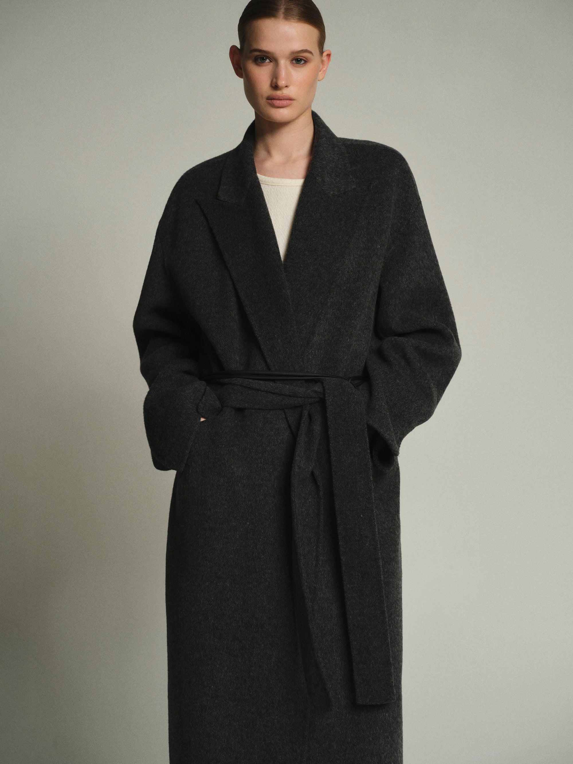 100% Wool Shawl-Collar Coat, Charcoal