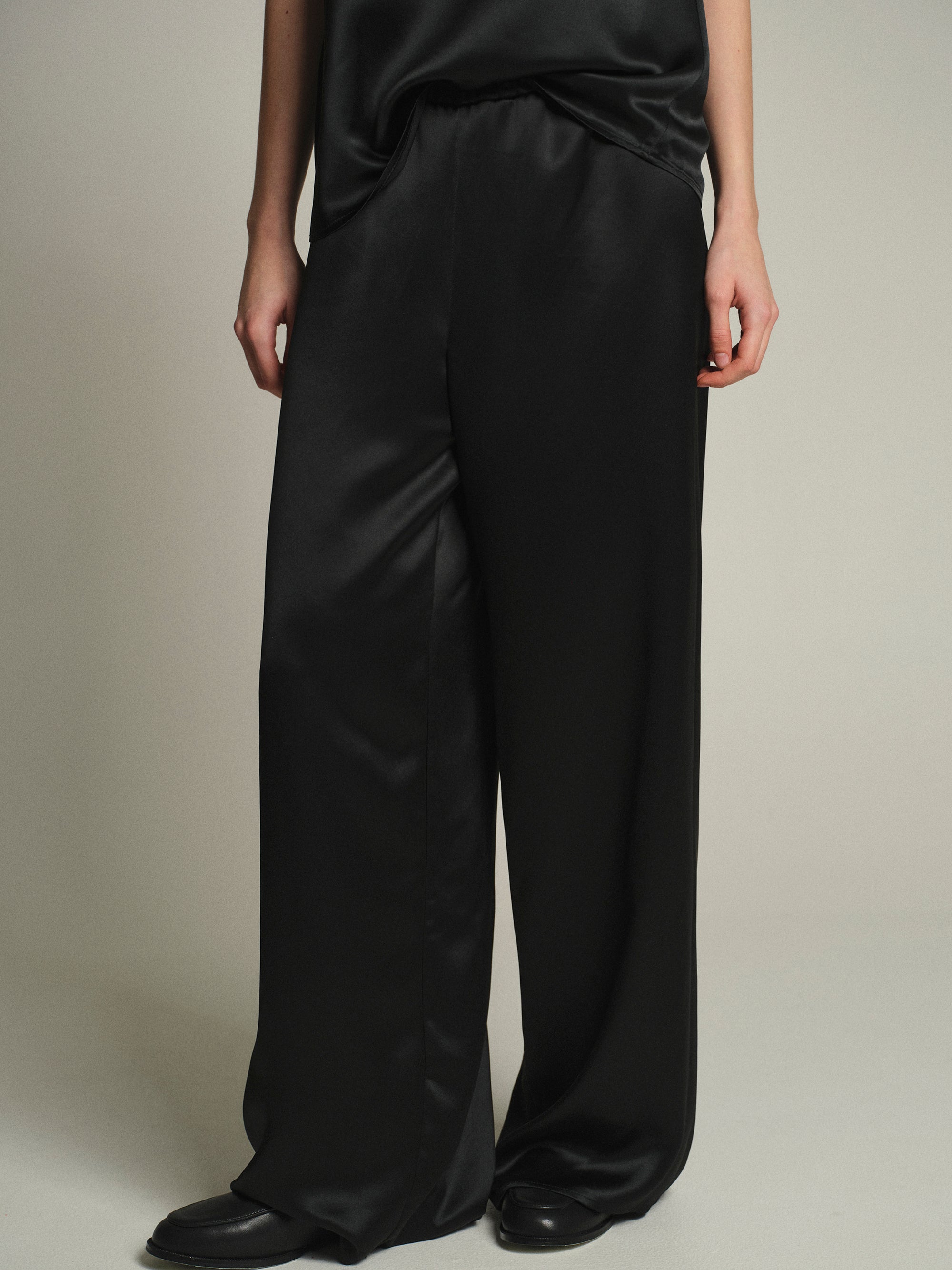 Satin Effect Drawstring Pants, Black