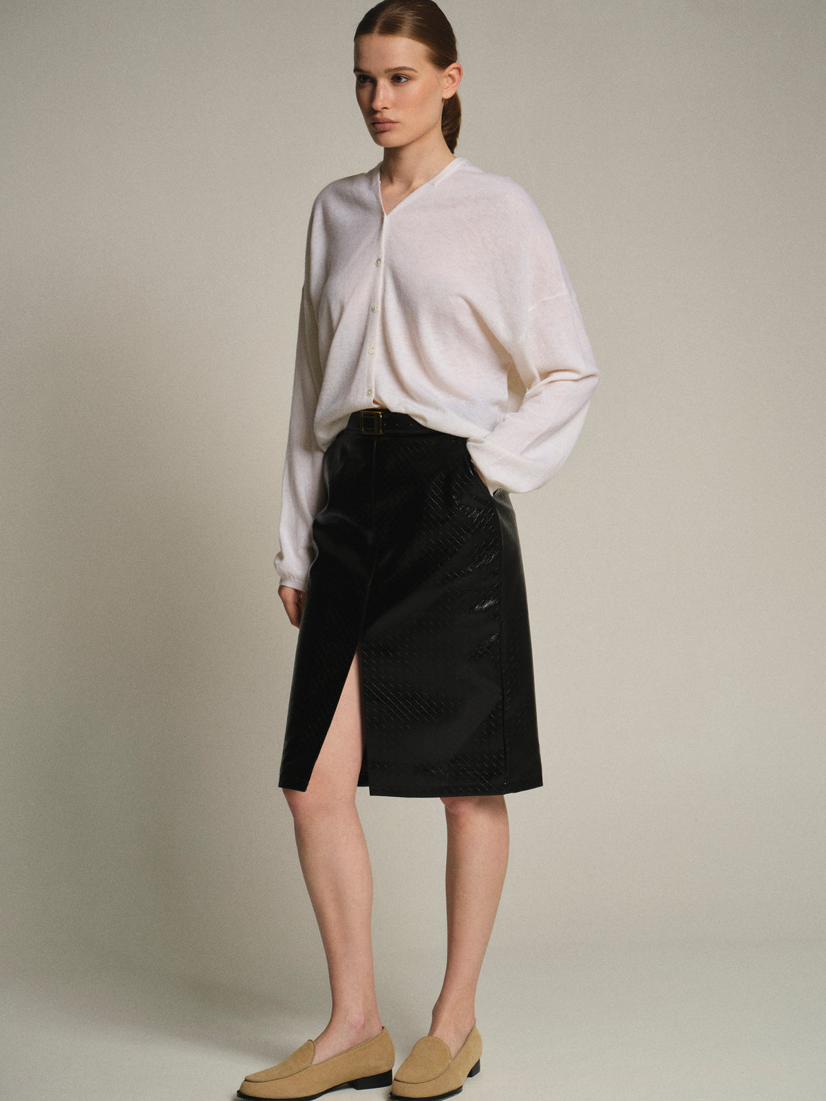 Belted Faux-Leather Midi Skirt, Black