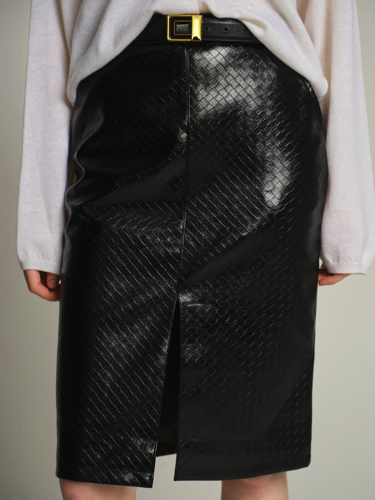 Belted Faux-Leather Midi Skirt, Black