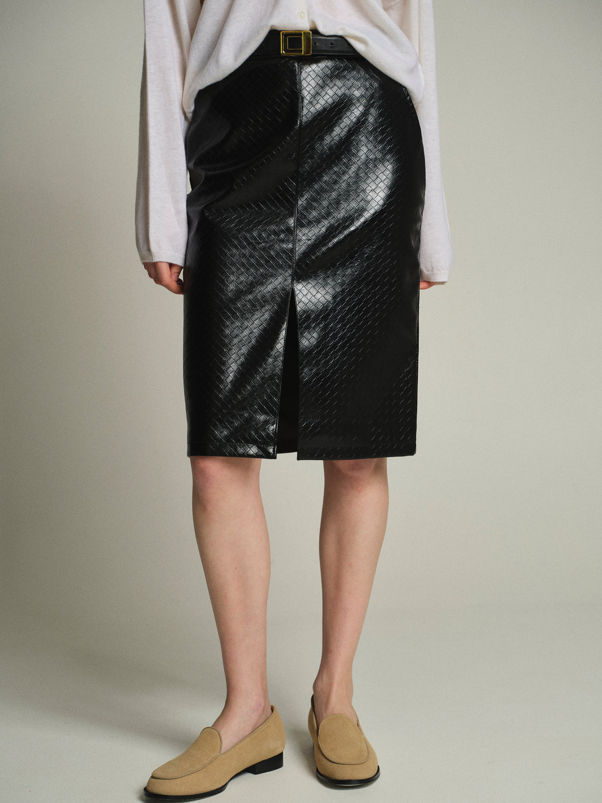 Belted Faux-Leather Midi Skirt, Black