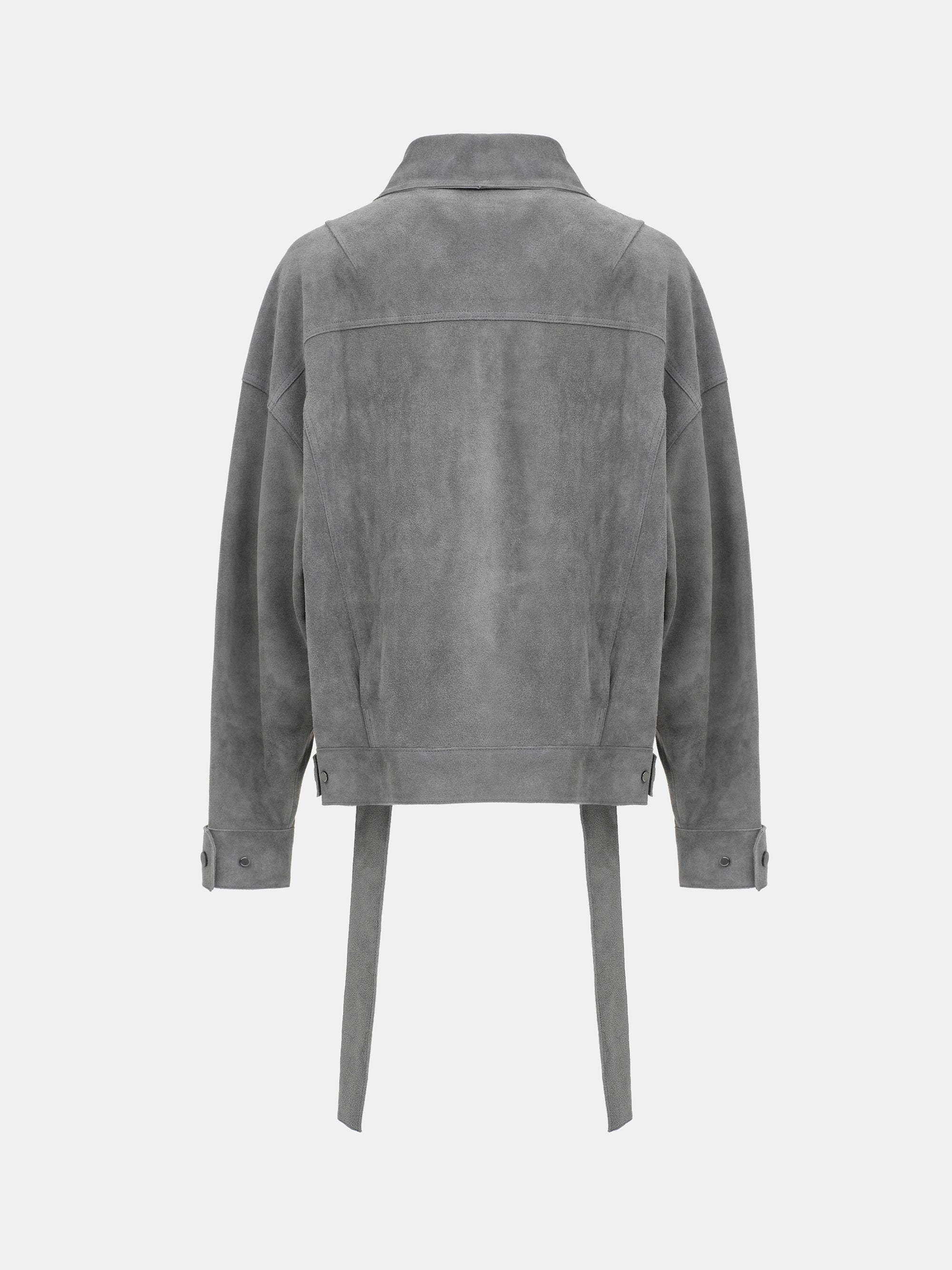 Belted Suede Leather Jacket, Grey