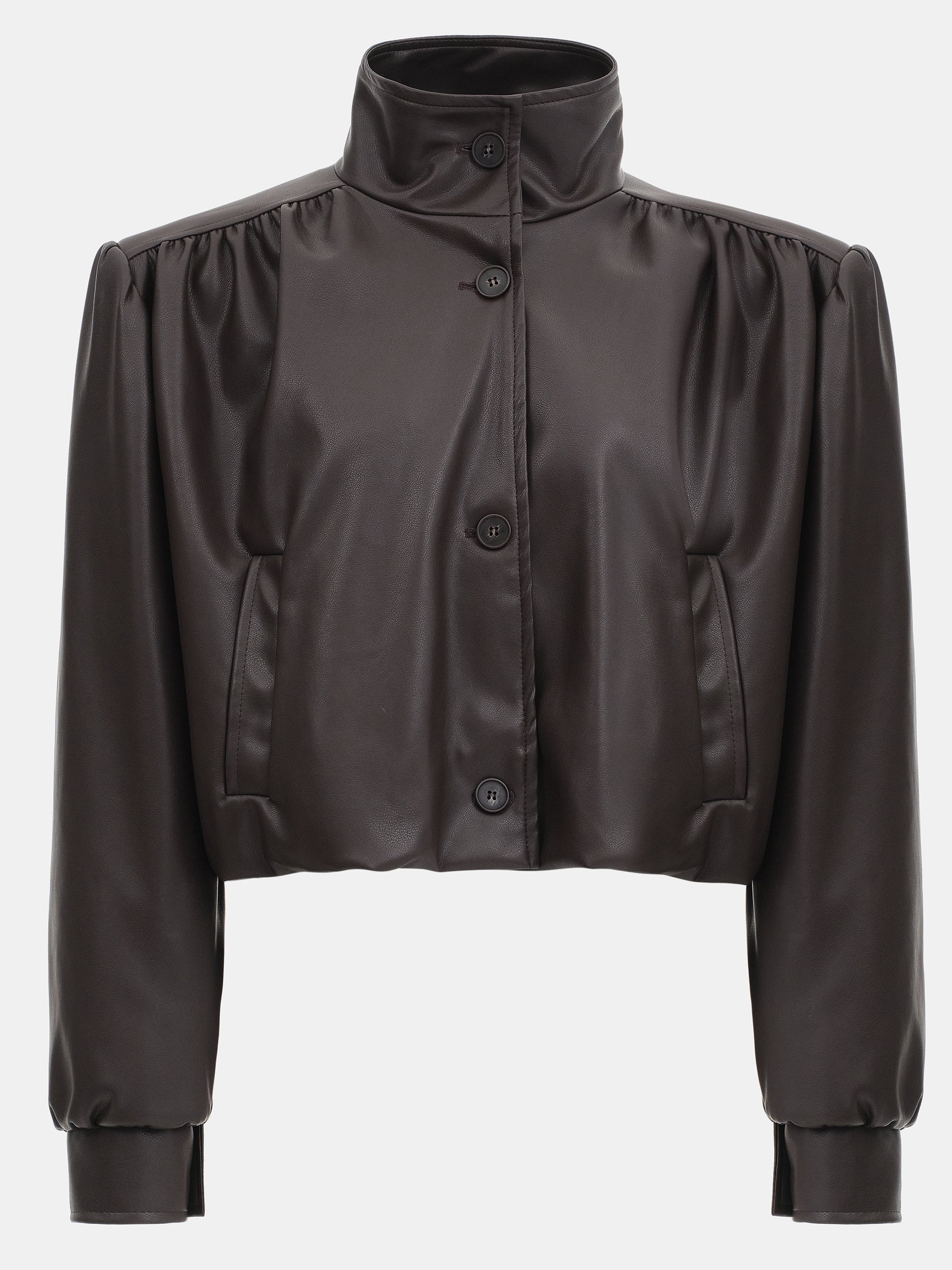 Lalisa Ruched Faux-Leather Bomber, Dark Brown