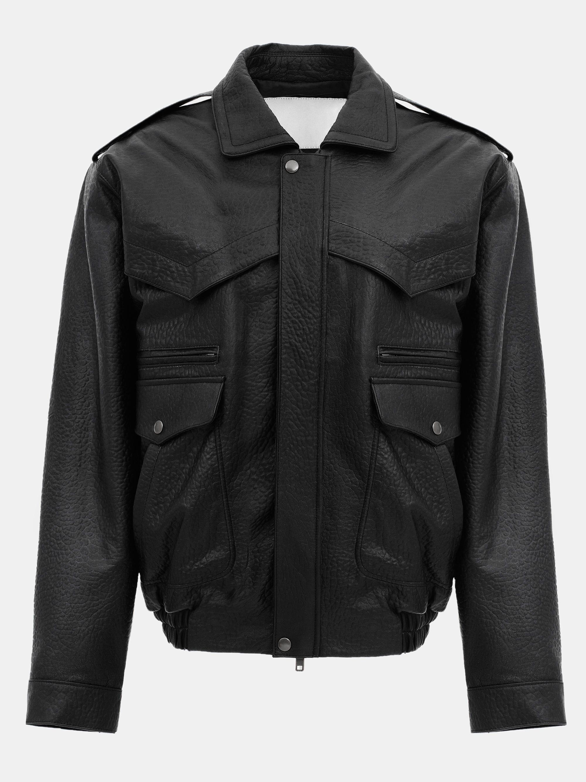 Boxy Leather Bomber Jacket, Black