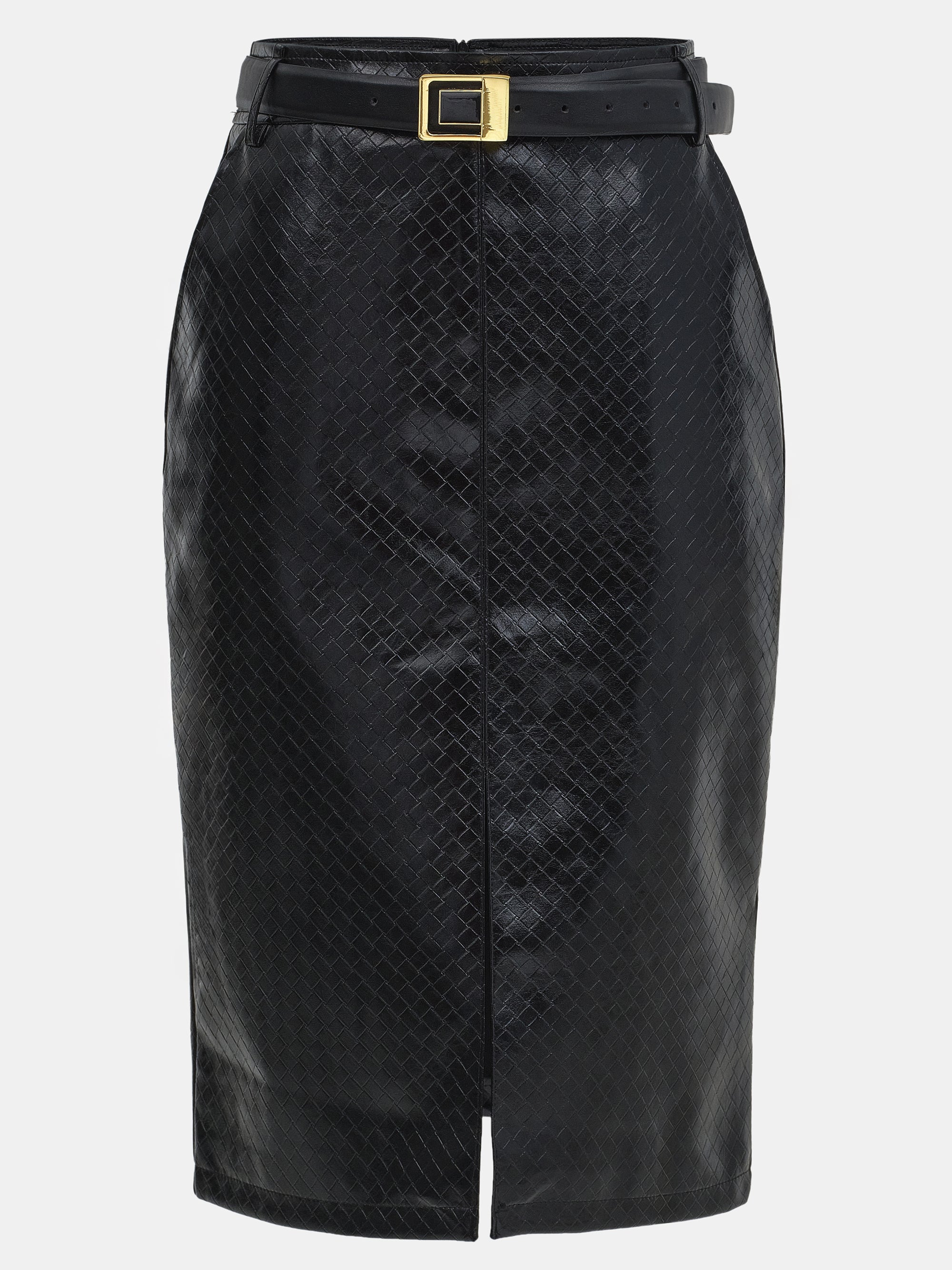 Belted Faux-Leather Midi Skirt, Black
