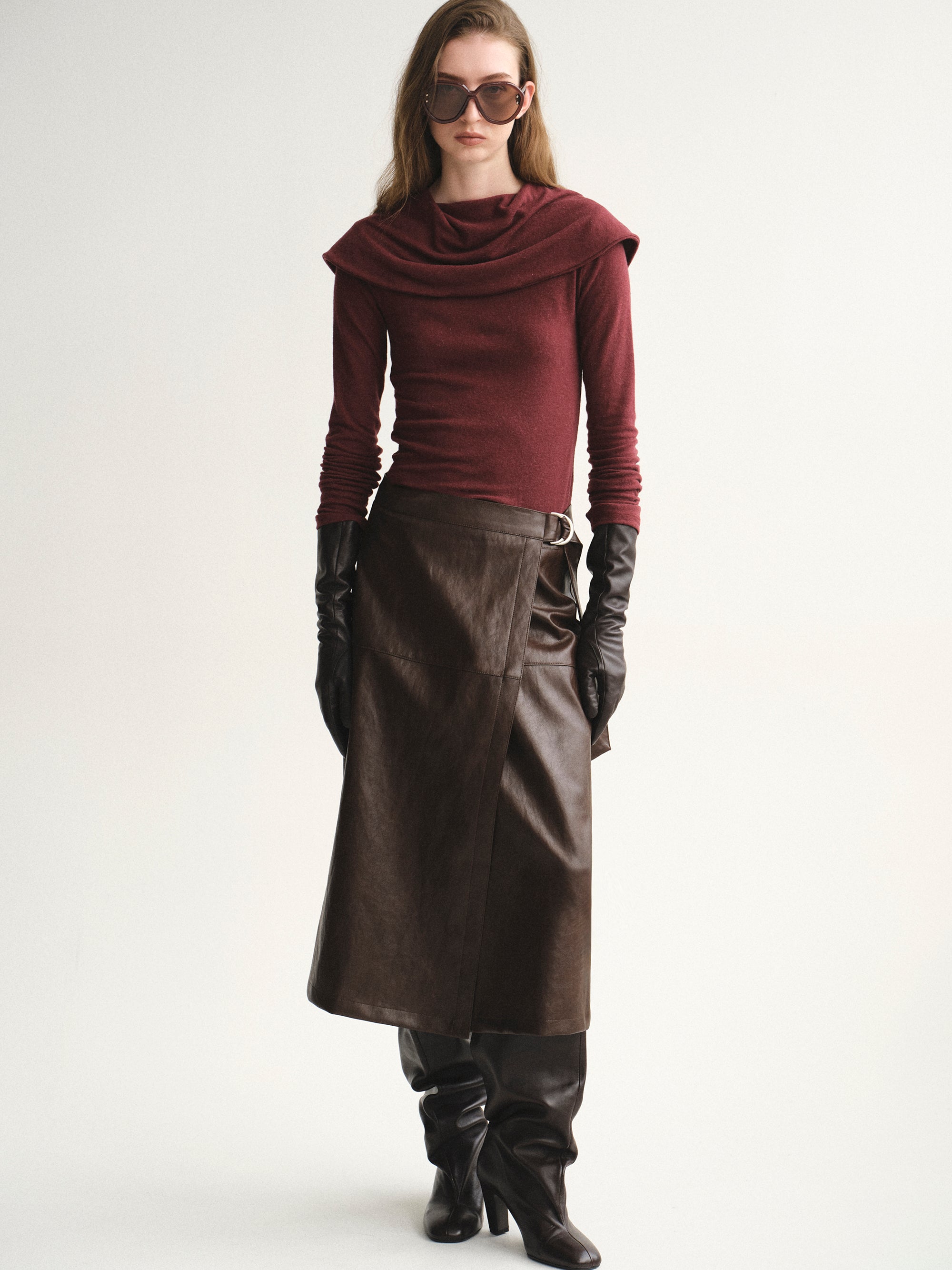 Draped High Neck Top, Burgundy