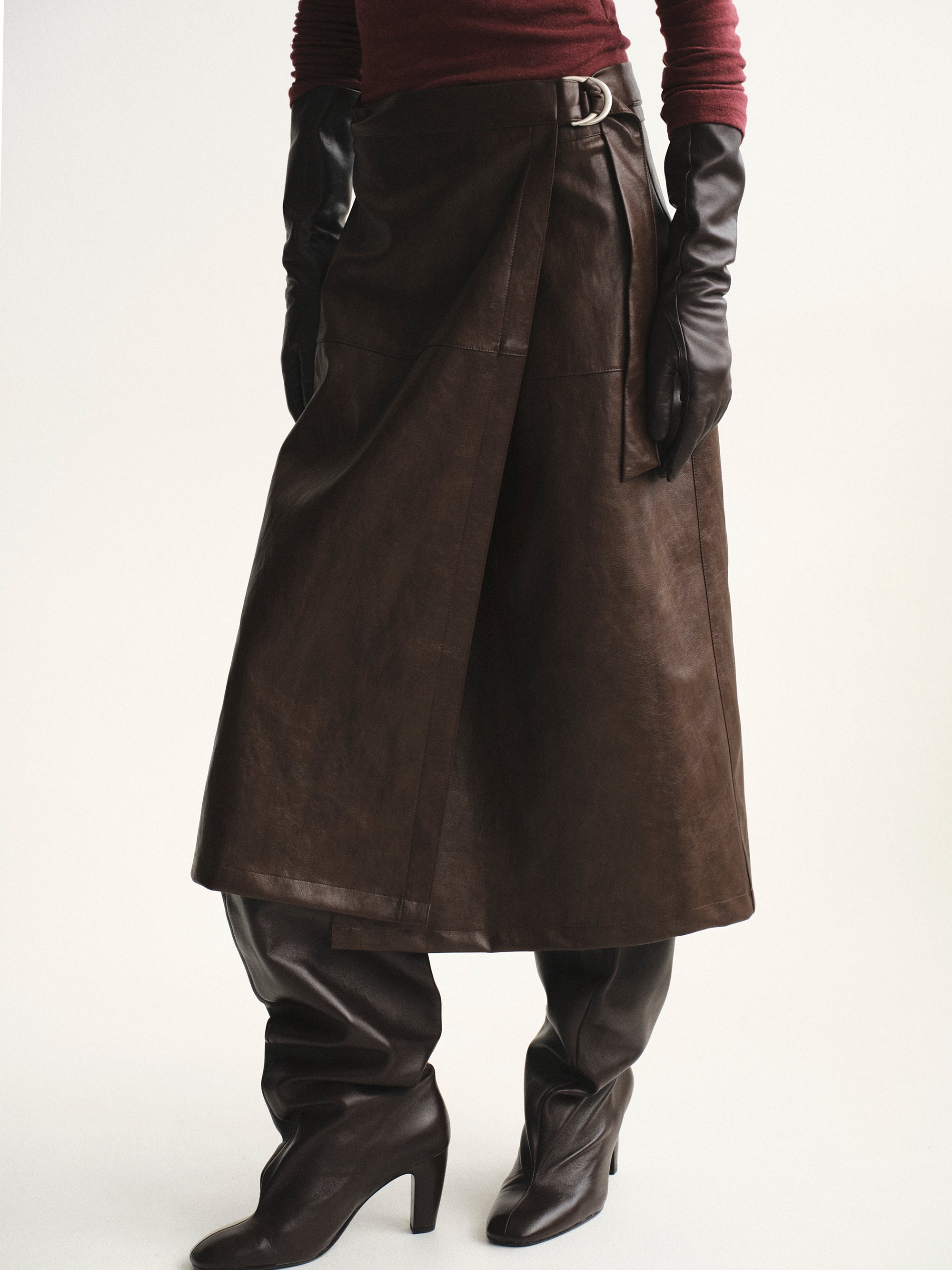 Cinch Belt Faux-Leather Skirt, Brown