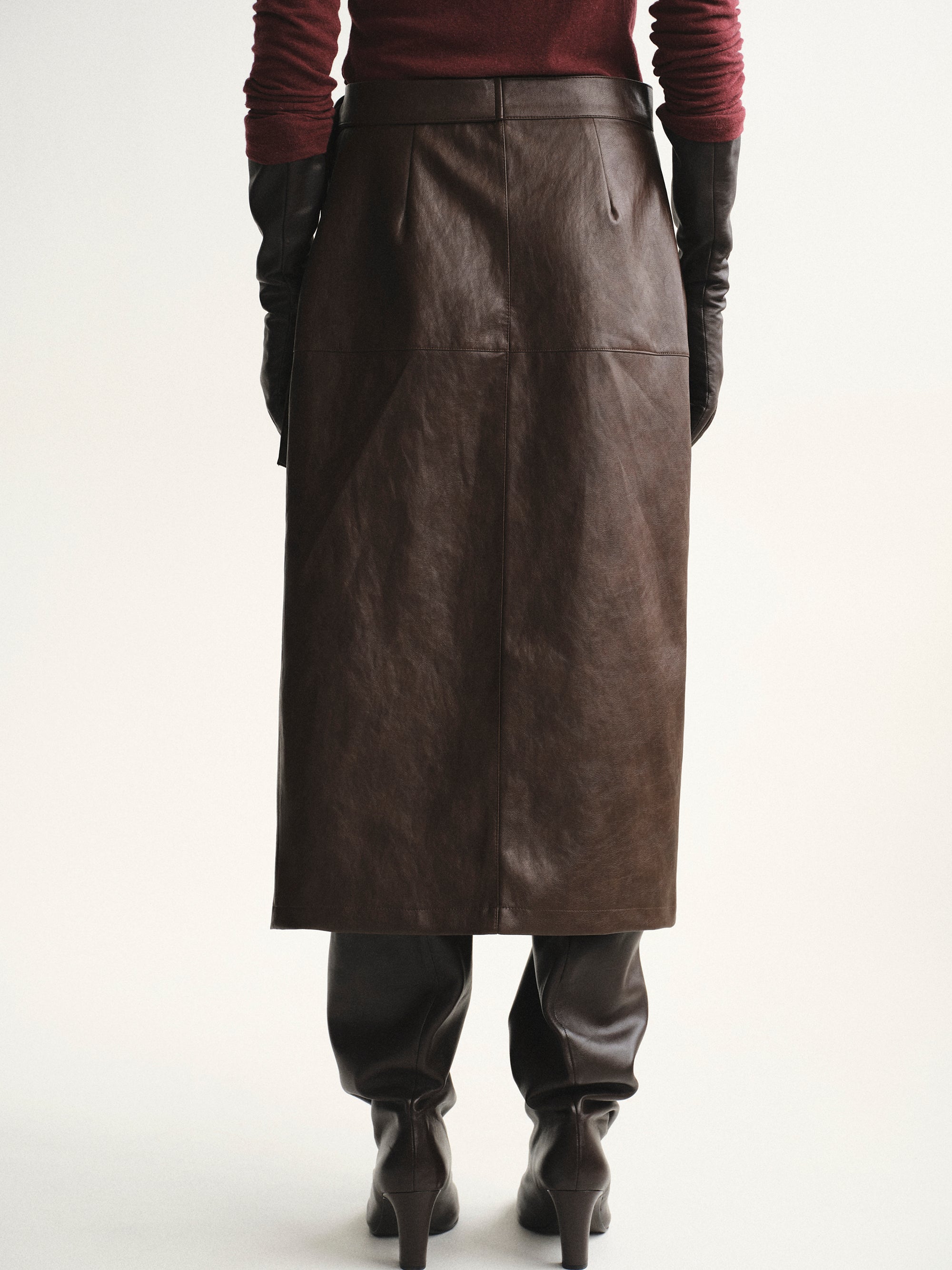 Cinch Belt Faux-Leather Skirt, Brown