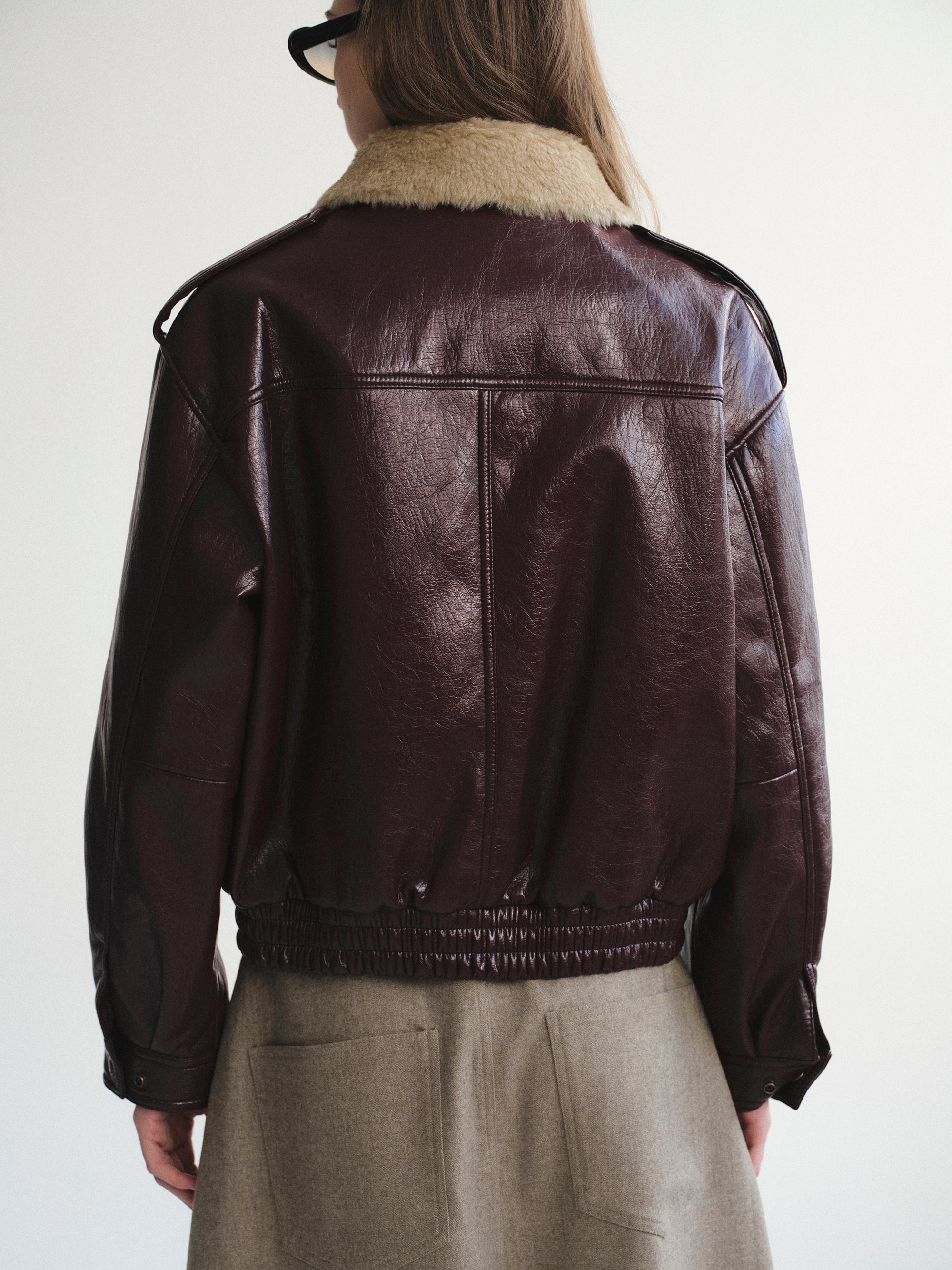 Shearling Collar Blouson Leather Jacket, Zinfandel