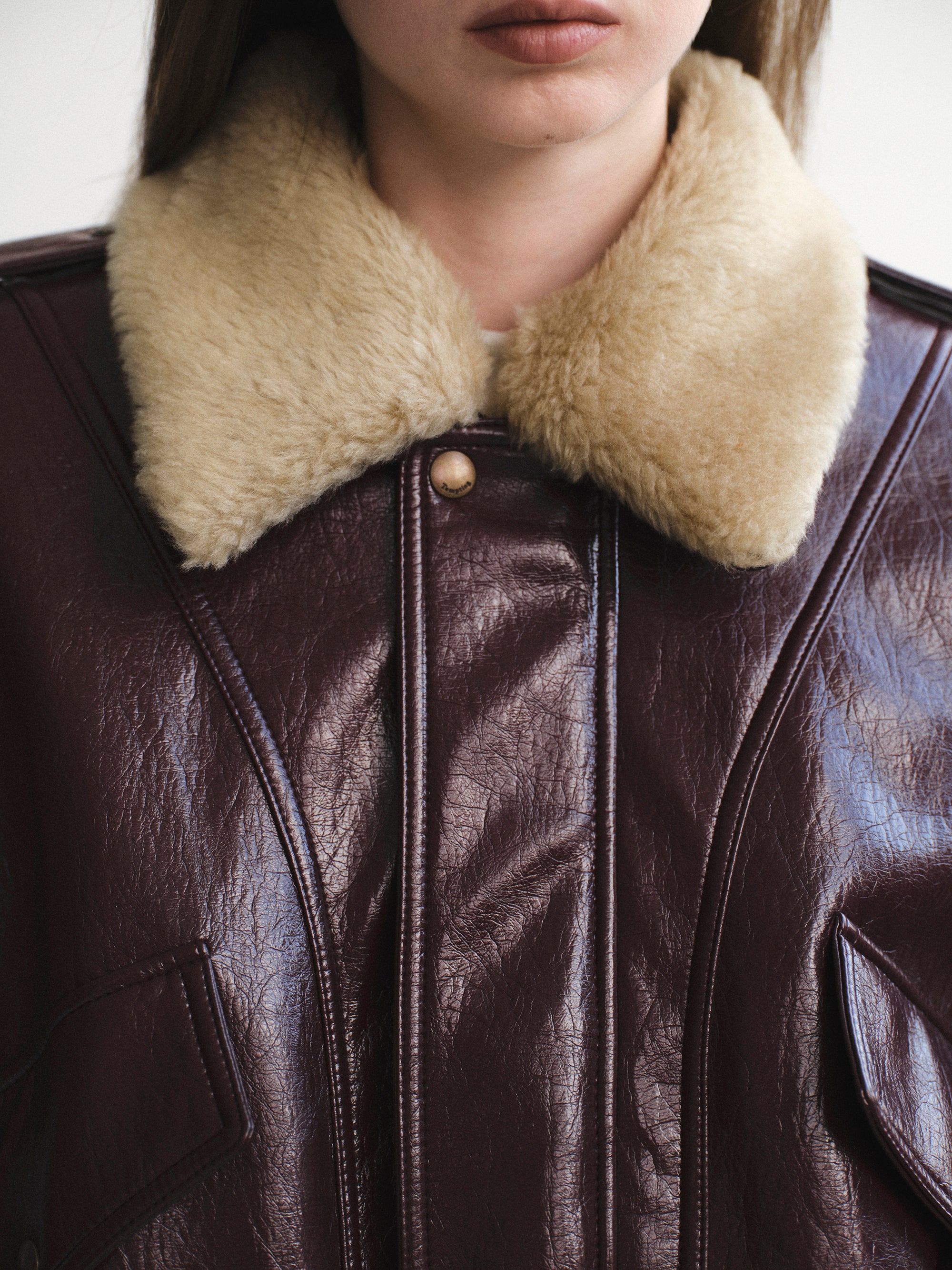 Shearling Collar Blouson Leather Jacket, Zinfandel