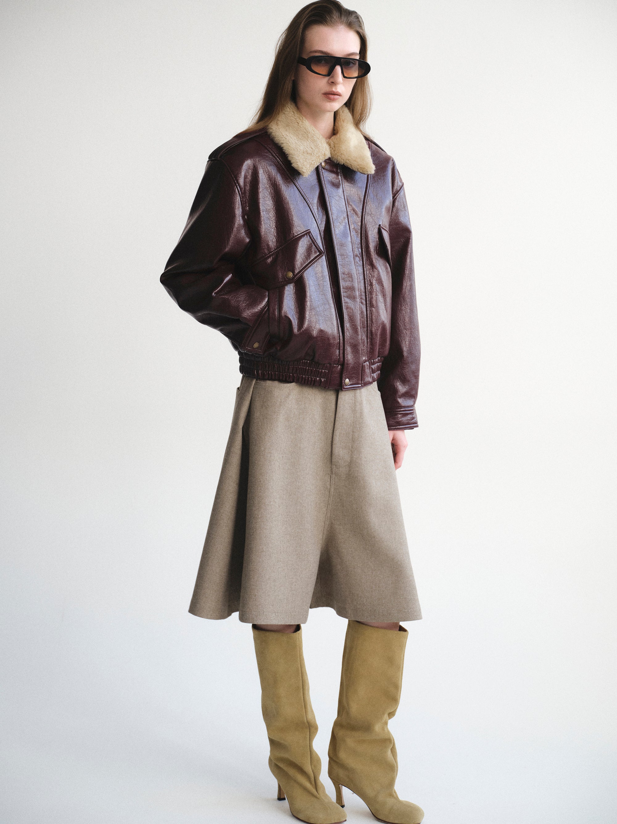 Shearling Collar Blouson Leather Jacket, Zinfandel
