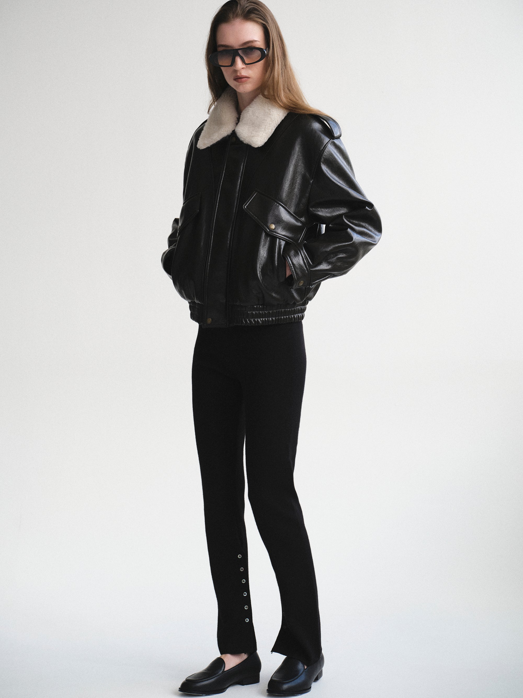 Shearling Collar Blouson Leather Jacket, Black