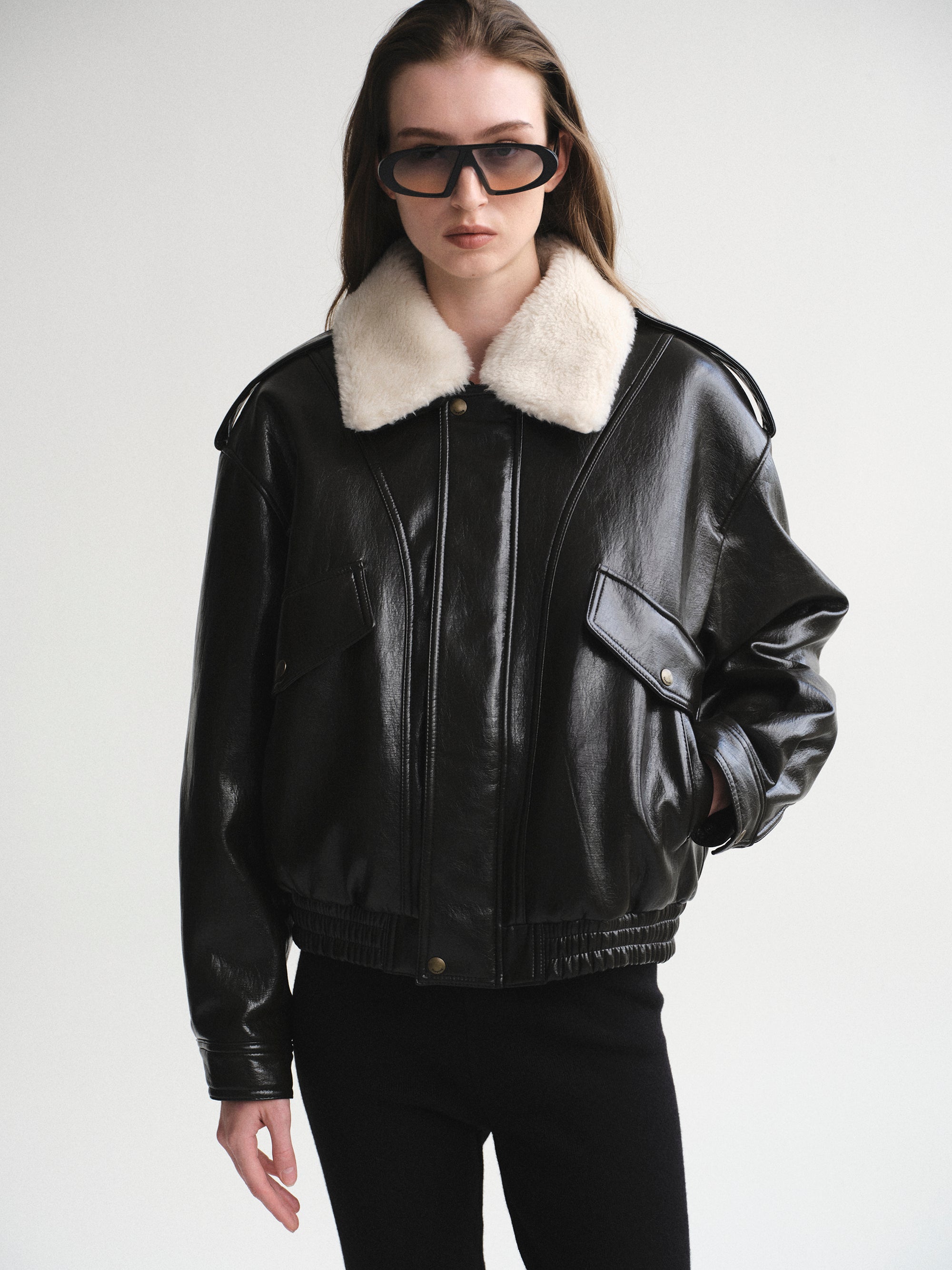 Shearling Collar Blouson Leather Jacket, Black