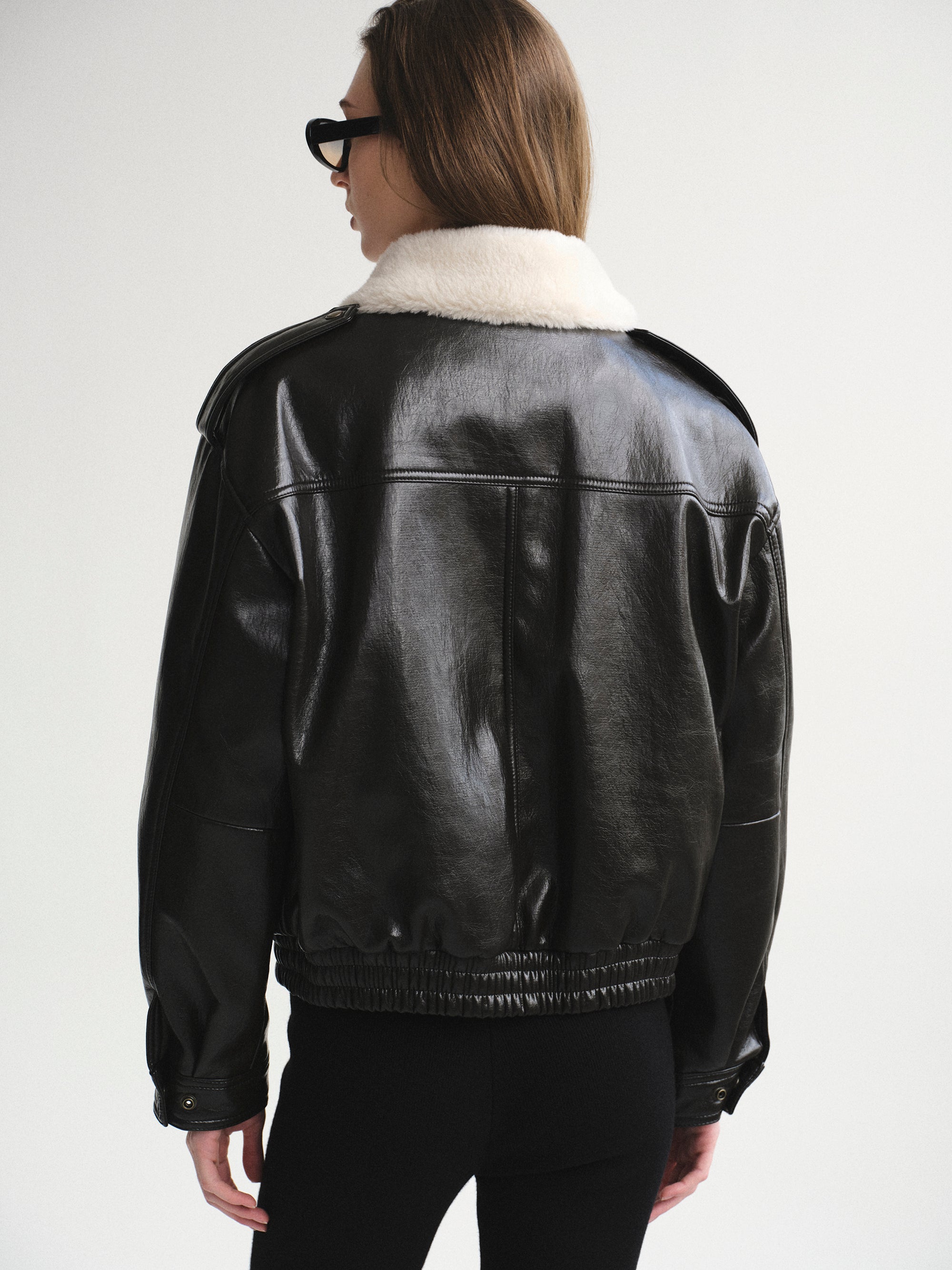 Shearling Collar Blouson Leather Jacket, Black