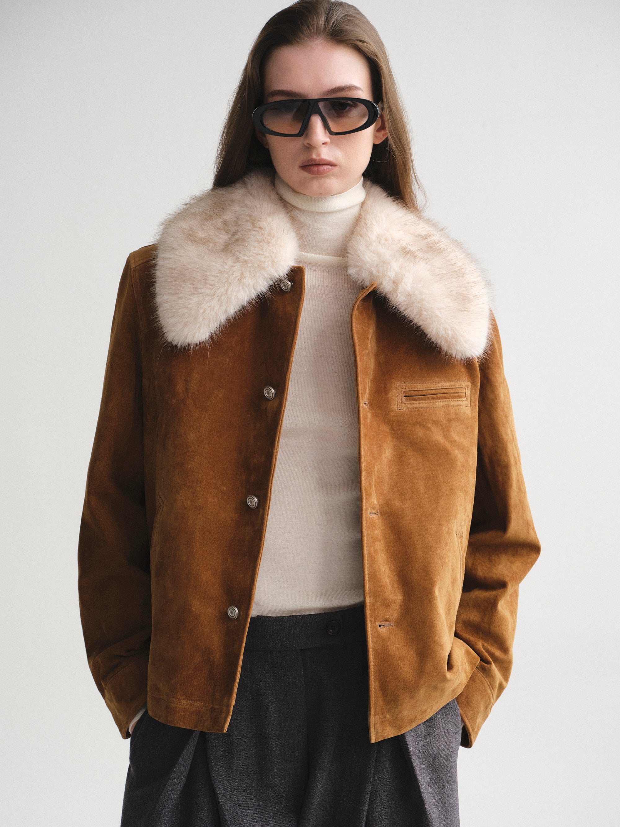 Faux-Fur Collar Suede Jacket, Camel