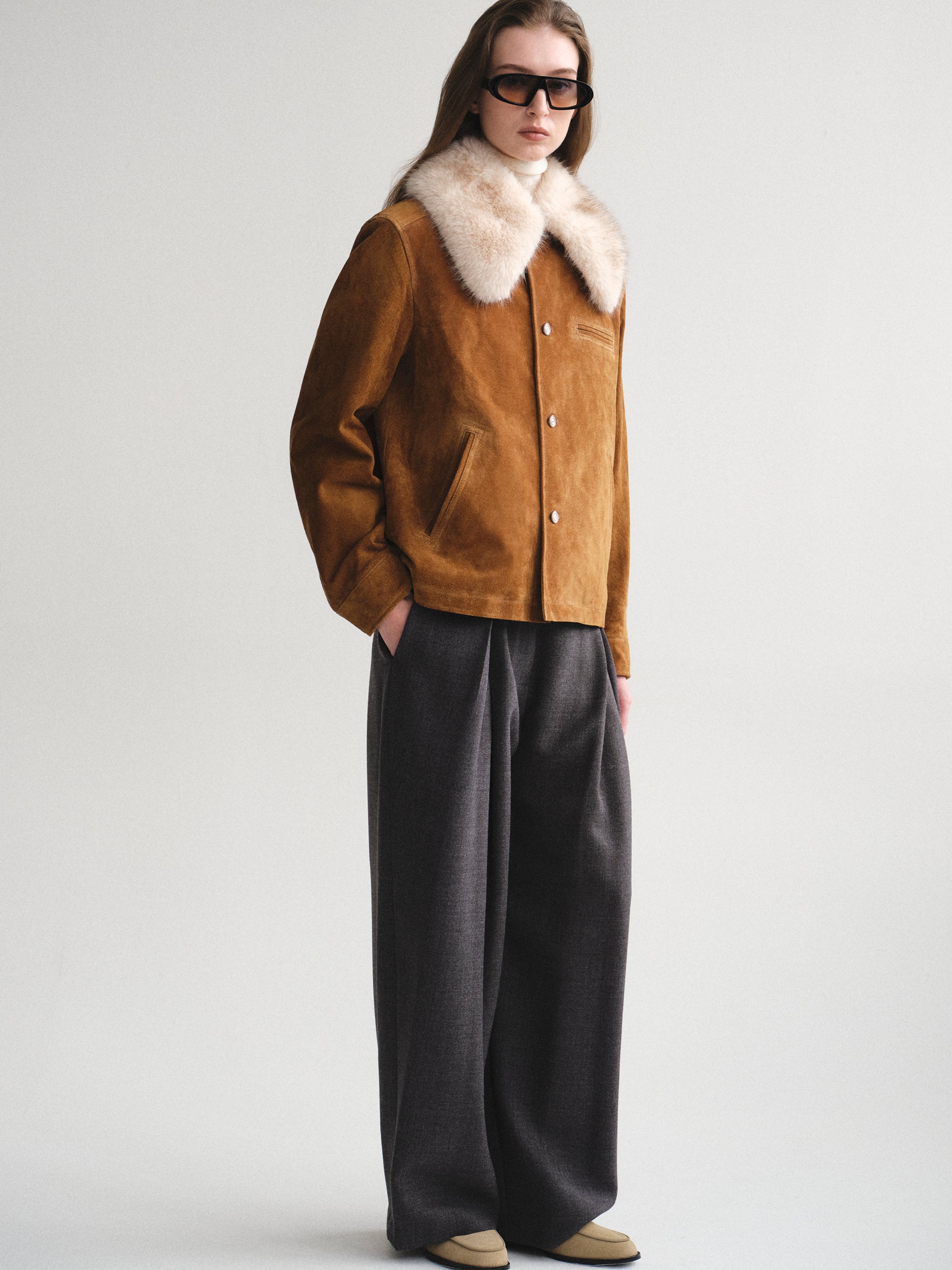 Faux-Fur Collar Suede Jacket, Camel