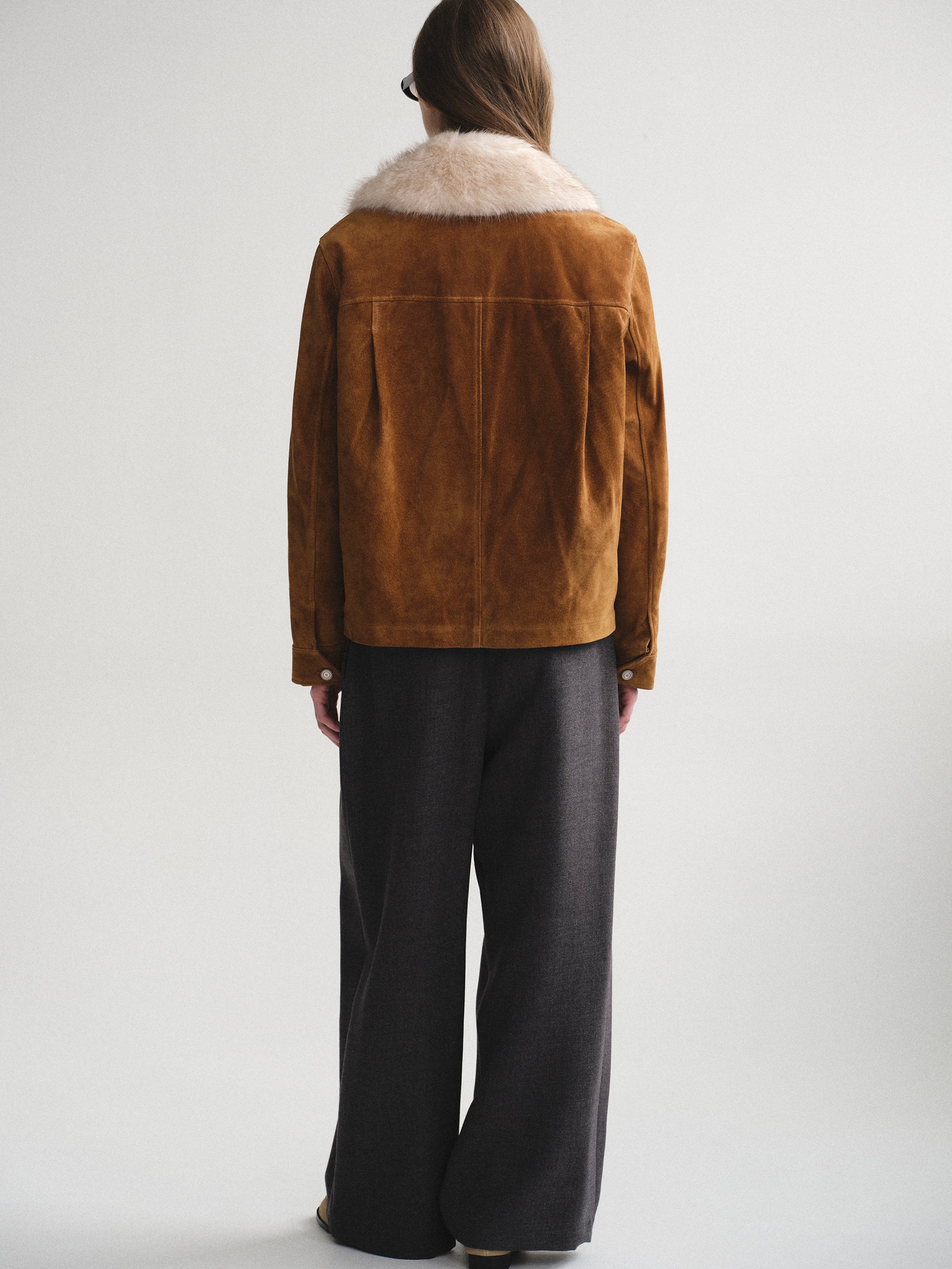 Faux-Fur Collar Suede Jacket, Camel