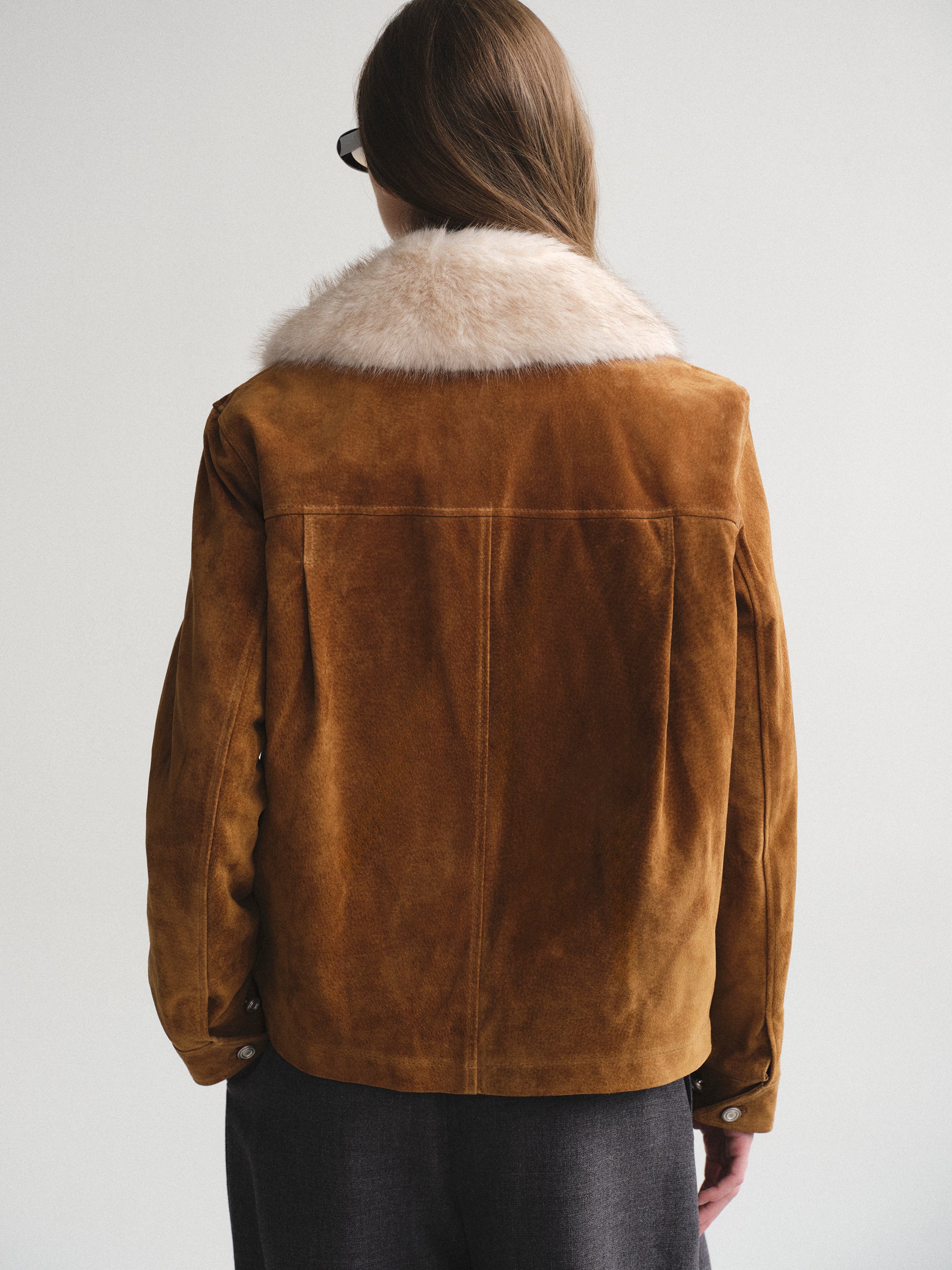 Faux-Fur Collar Suede Jacket, Camel