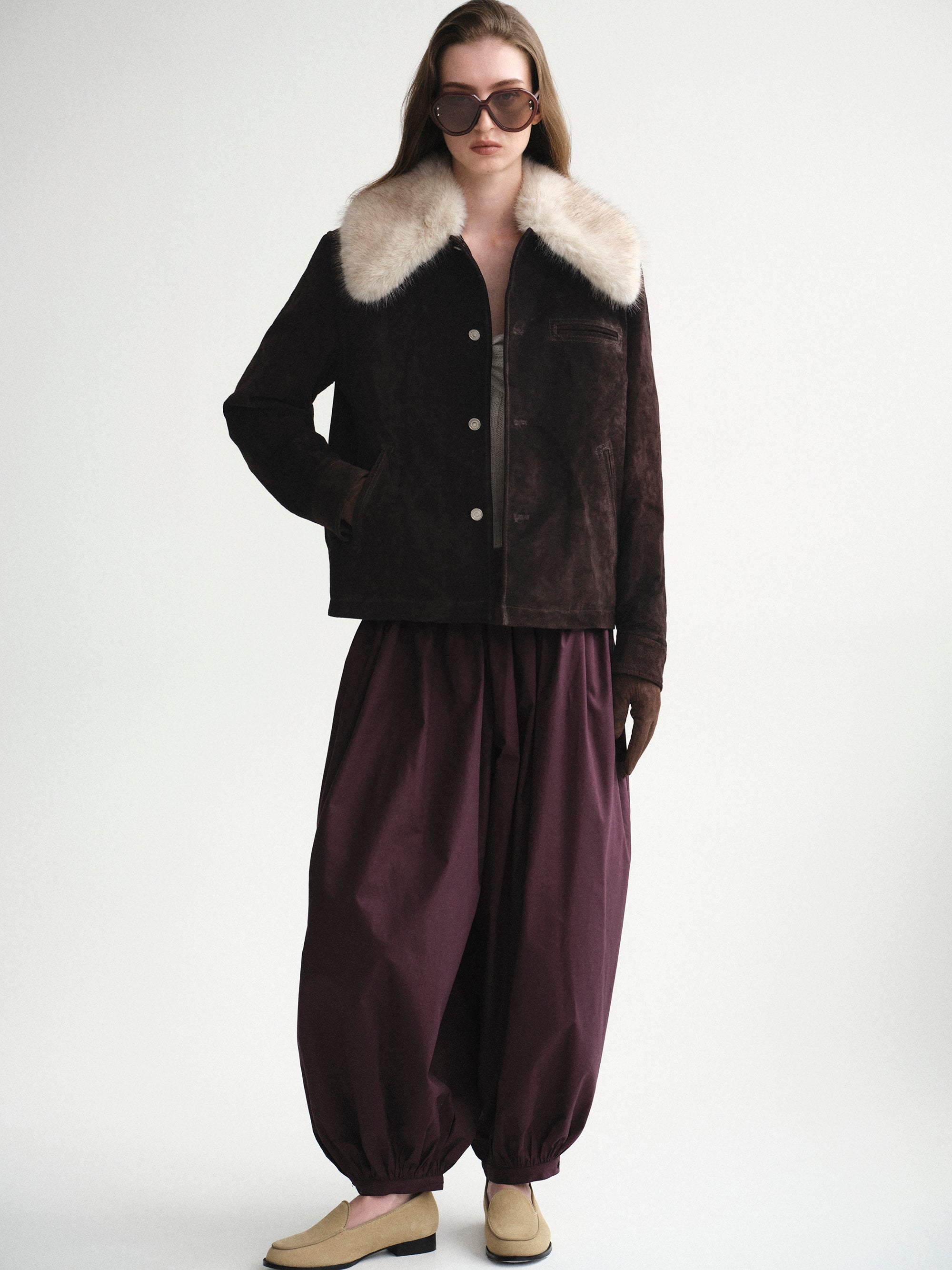 Faux-Fur Collar Suede Jacket, Chocolate