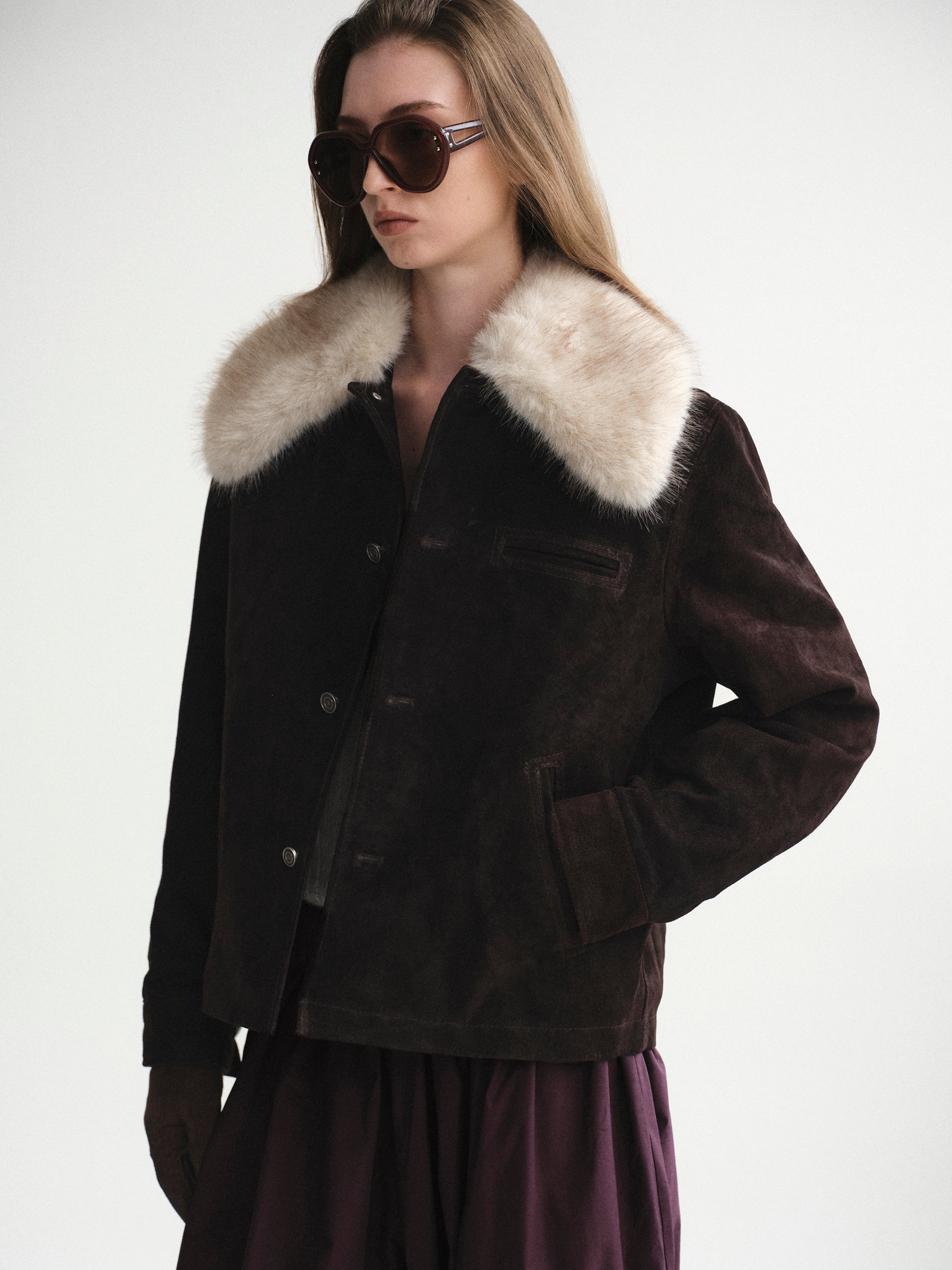 Faux-Fur Collar Suede Jacket, Chocolate
