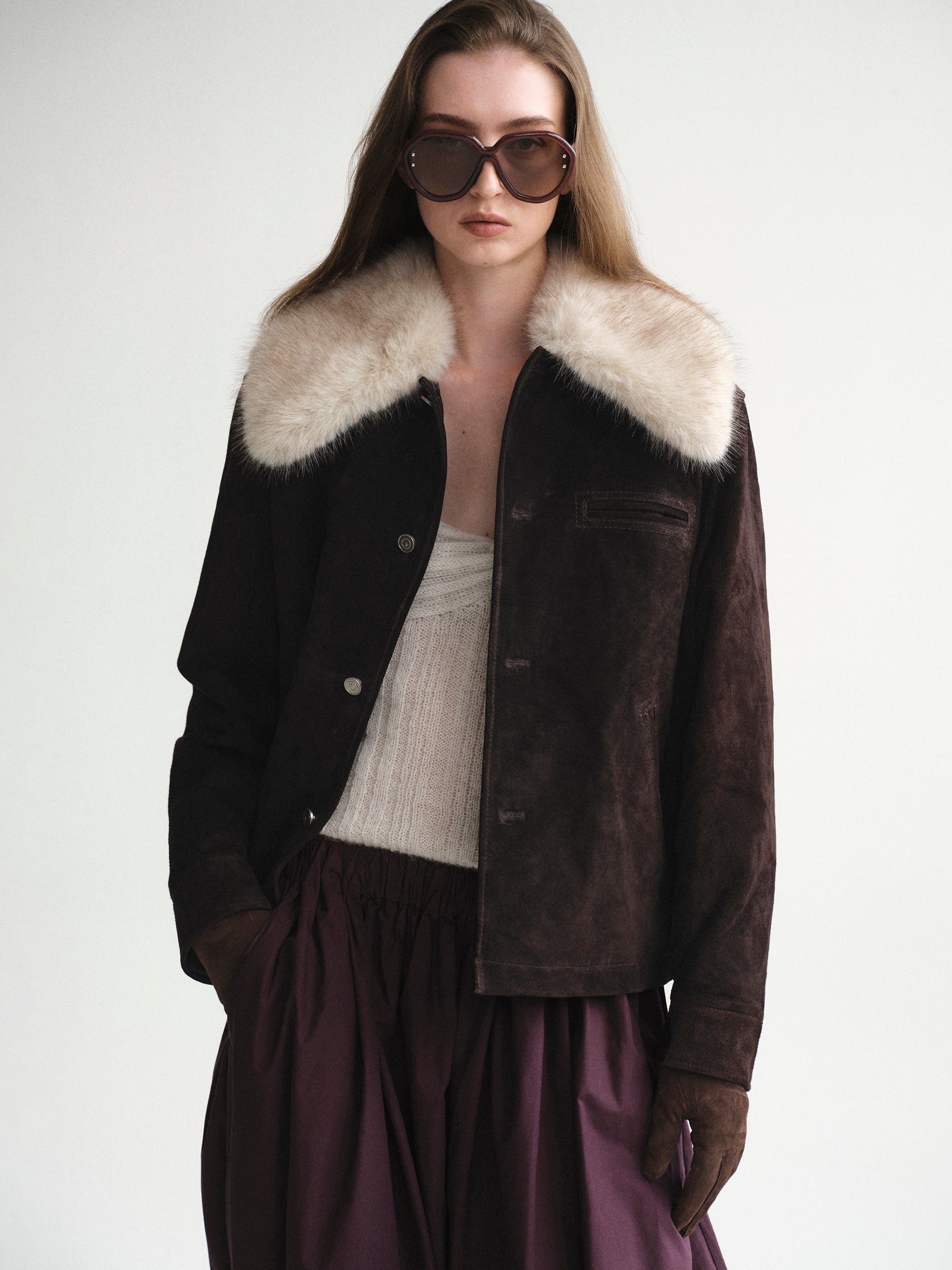 Faux-Fur Collar Suede Jacket, Chocolate
