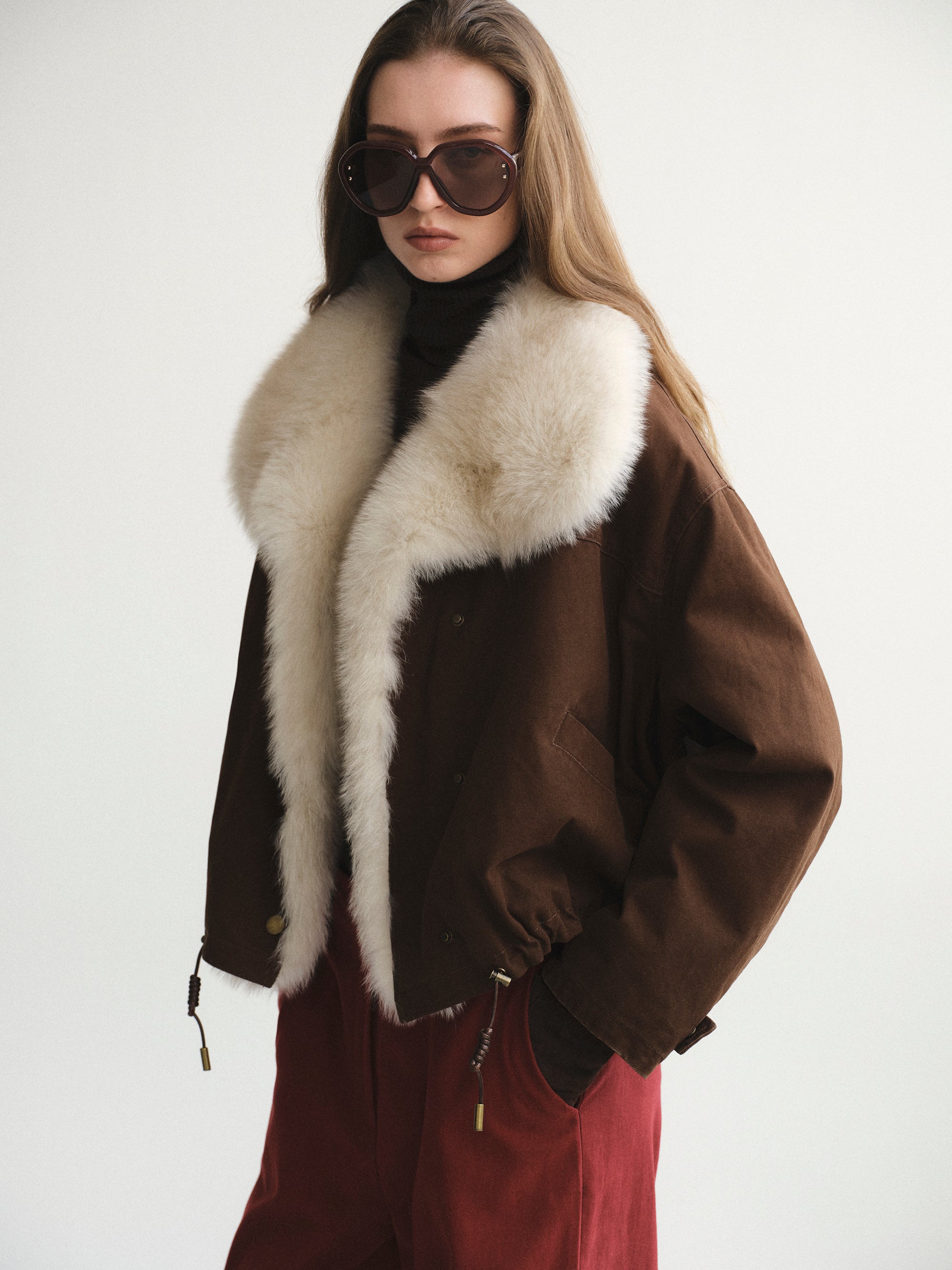 Cotton Canvas Fur Jacket, Brown