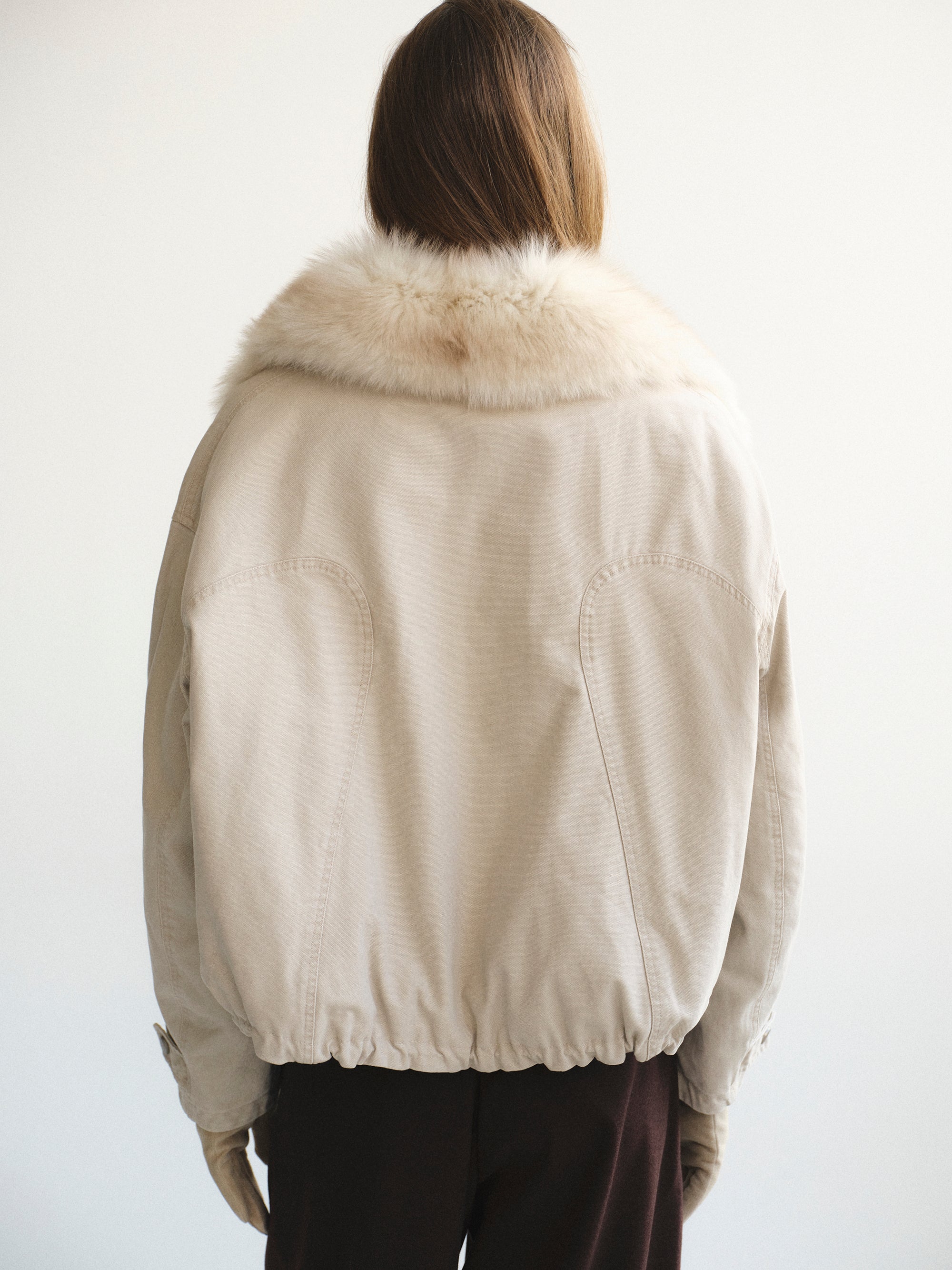 Cotton Canvas Fur Jacket, Beige