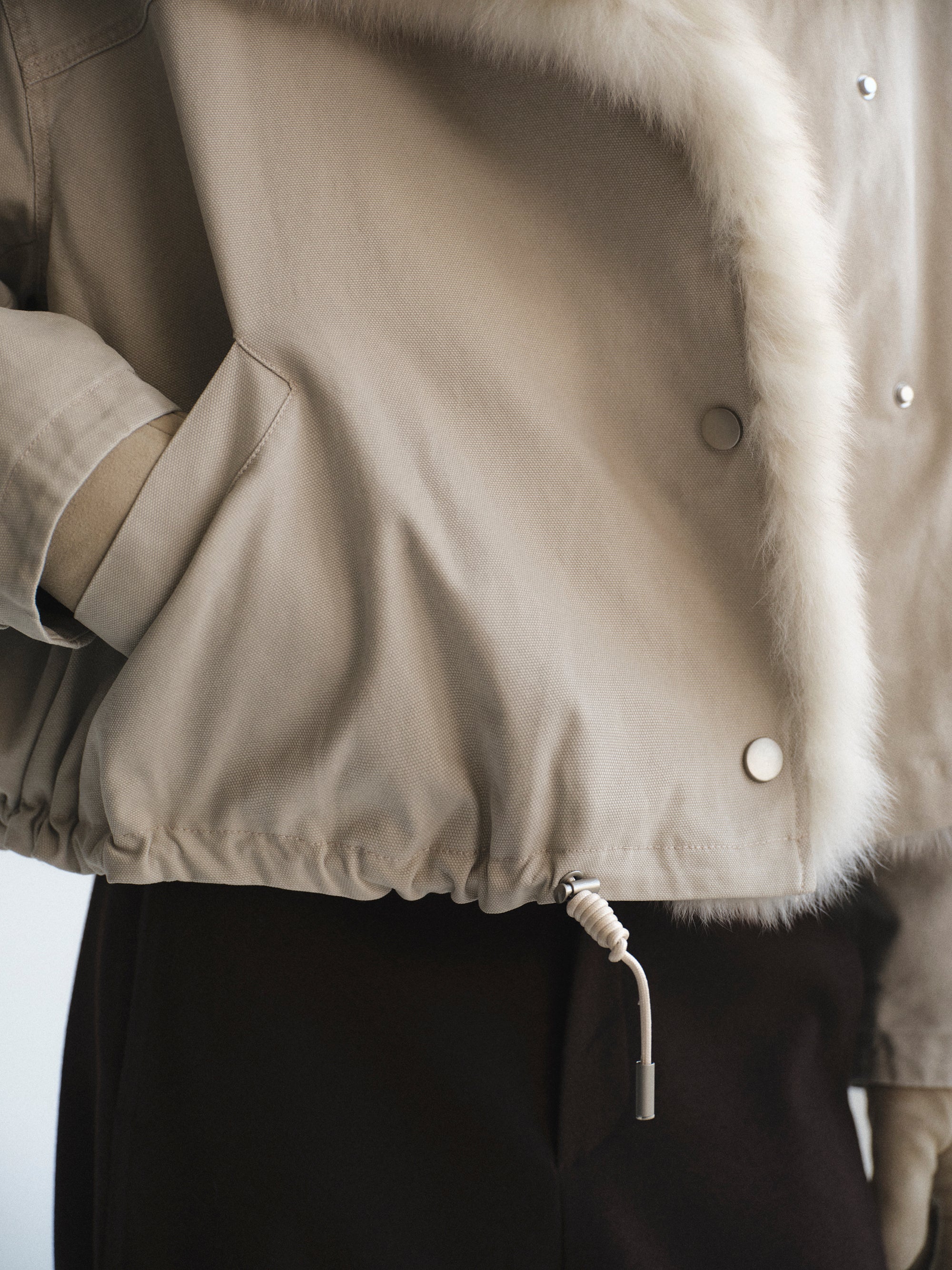 Cotton Canvas Fur Jacket, Beige