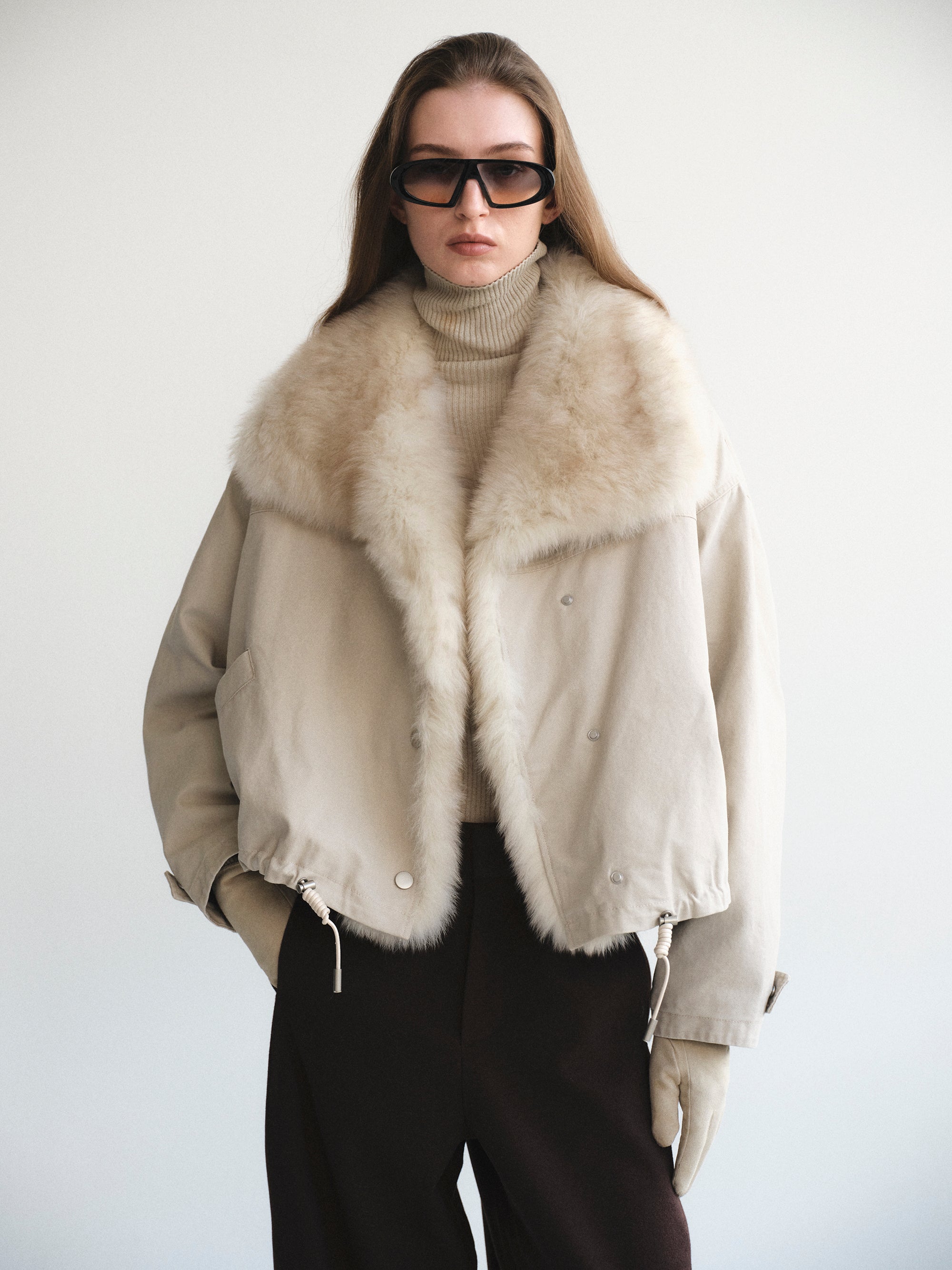 Cotton Canvas Fur Jacket, Beige