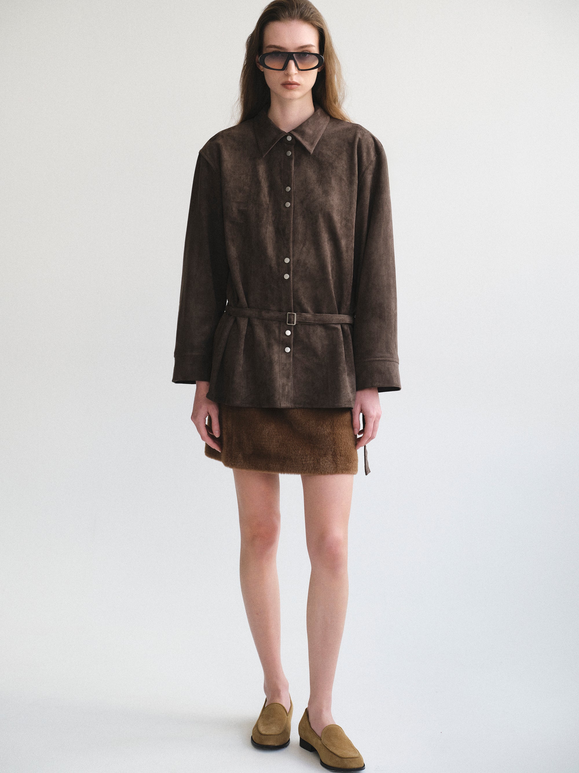 Belted Faux Suede Shirt, Walnut