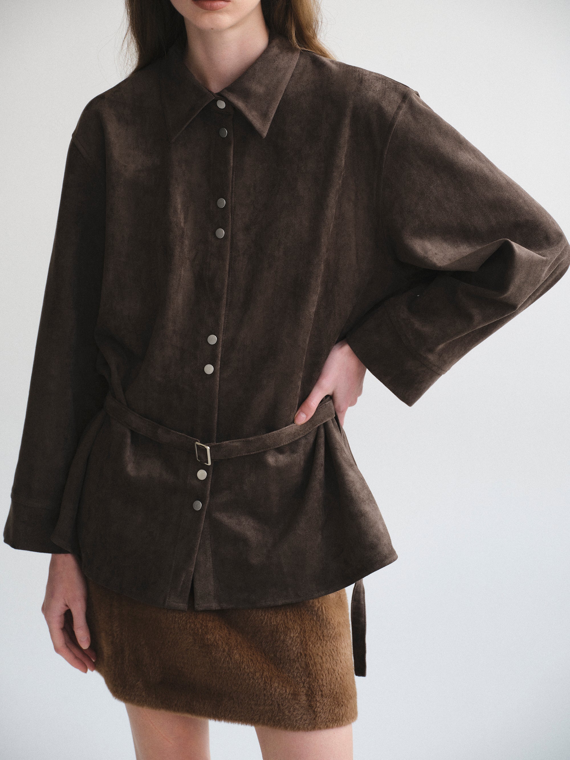 Belted Faux Suede Shirt, Walnut