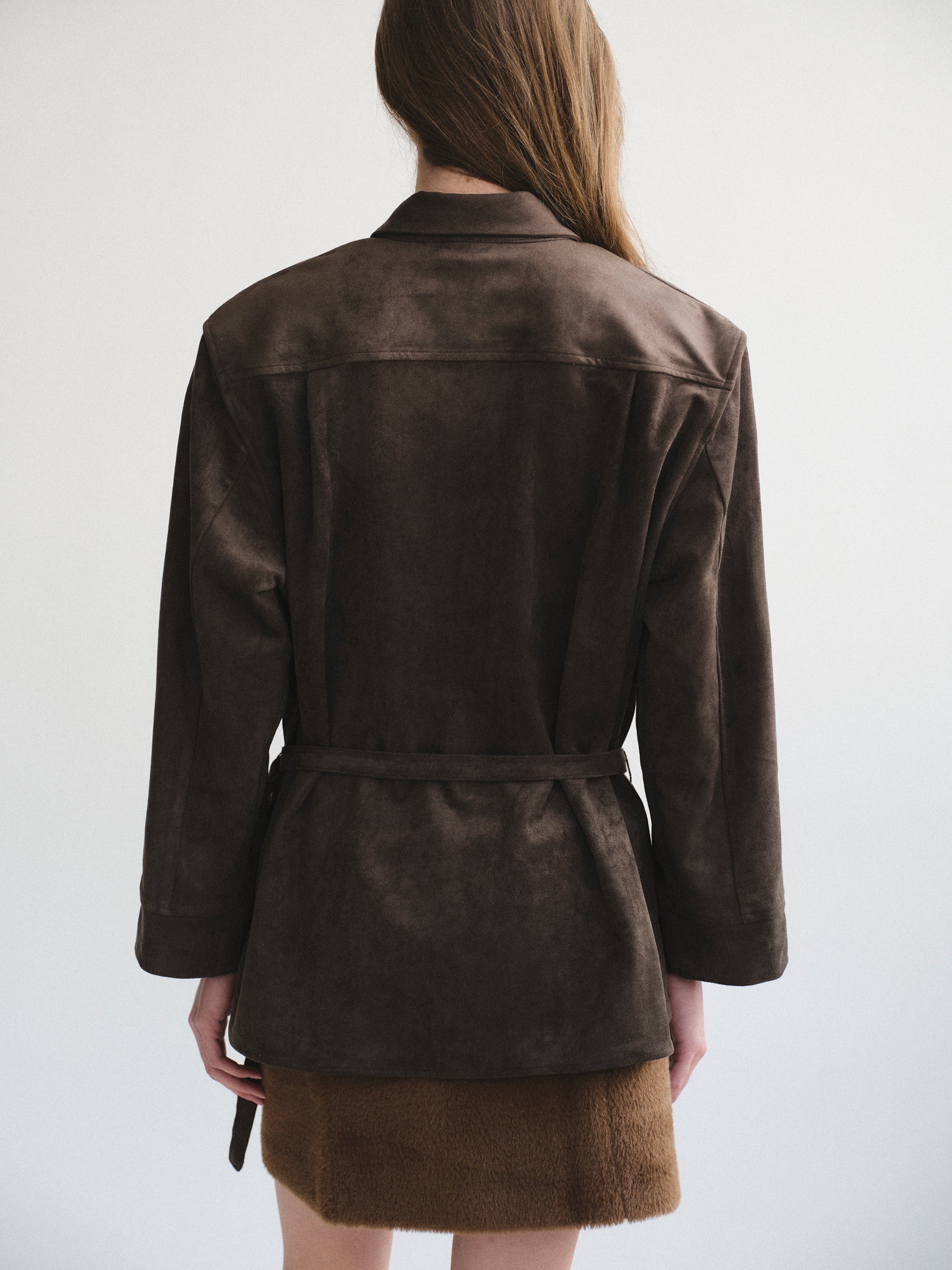 Belted Faux Suede Shirt, Walnut