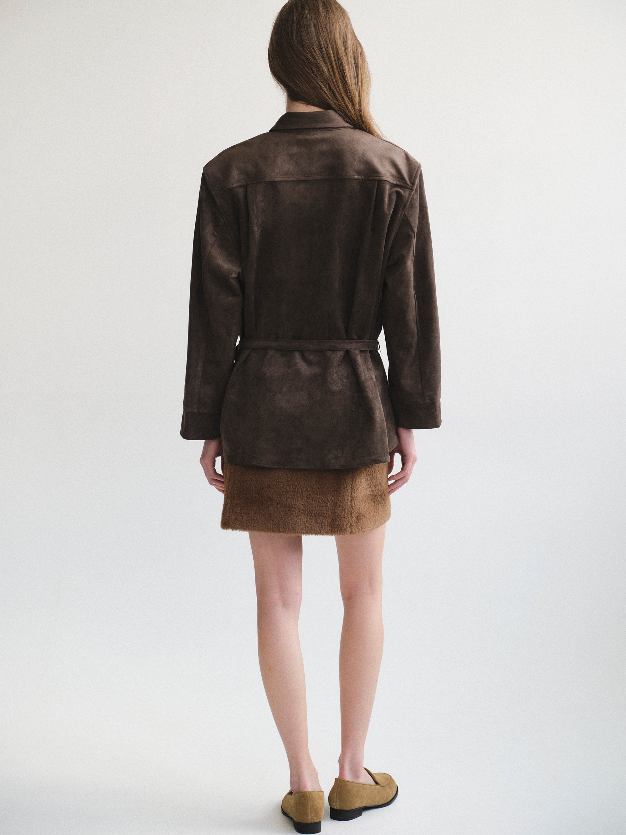 Belted Faux Suede Shirt, Walnut