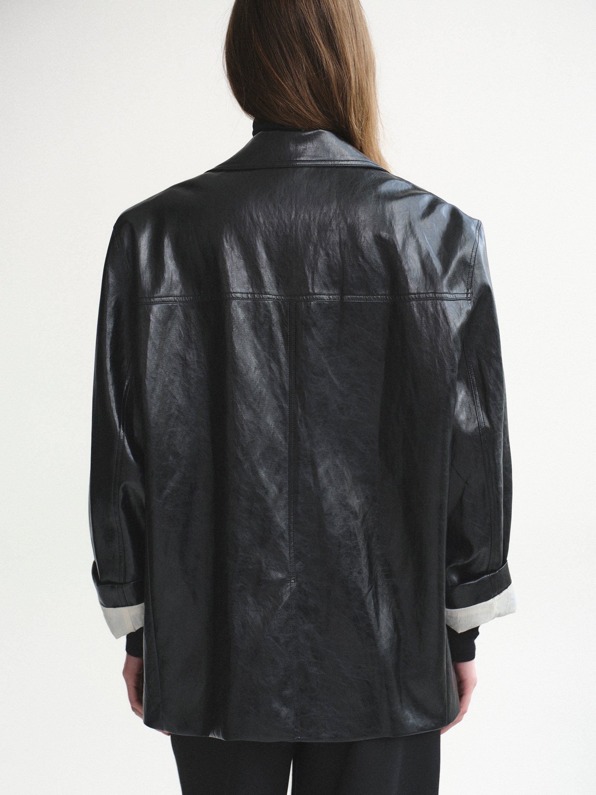 Tailored Faux-Leather Blazer, Black