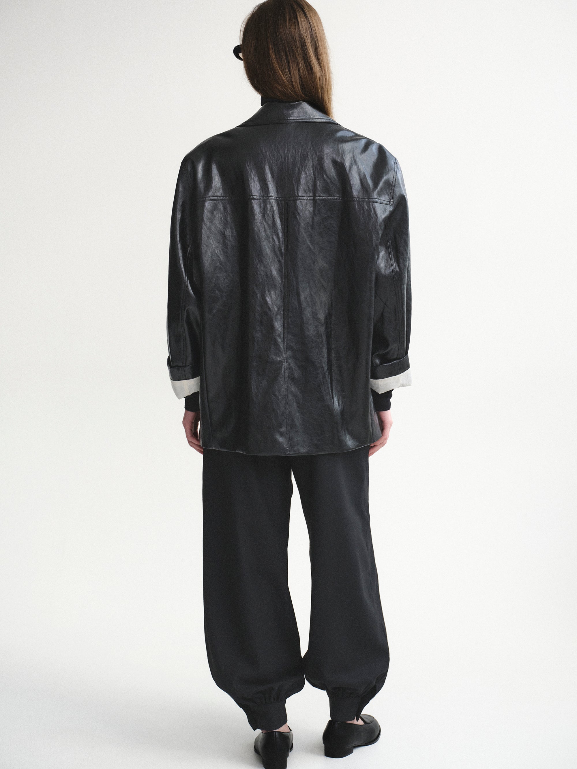 Tailored Faux-Leather Blazer, Black