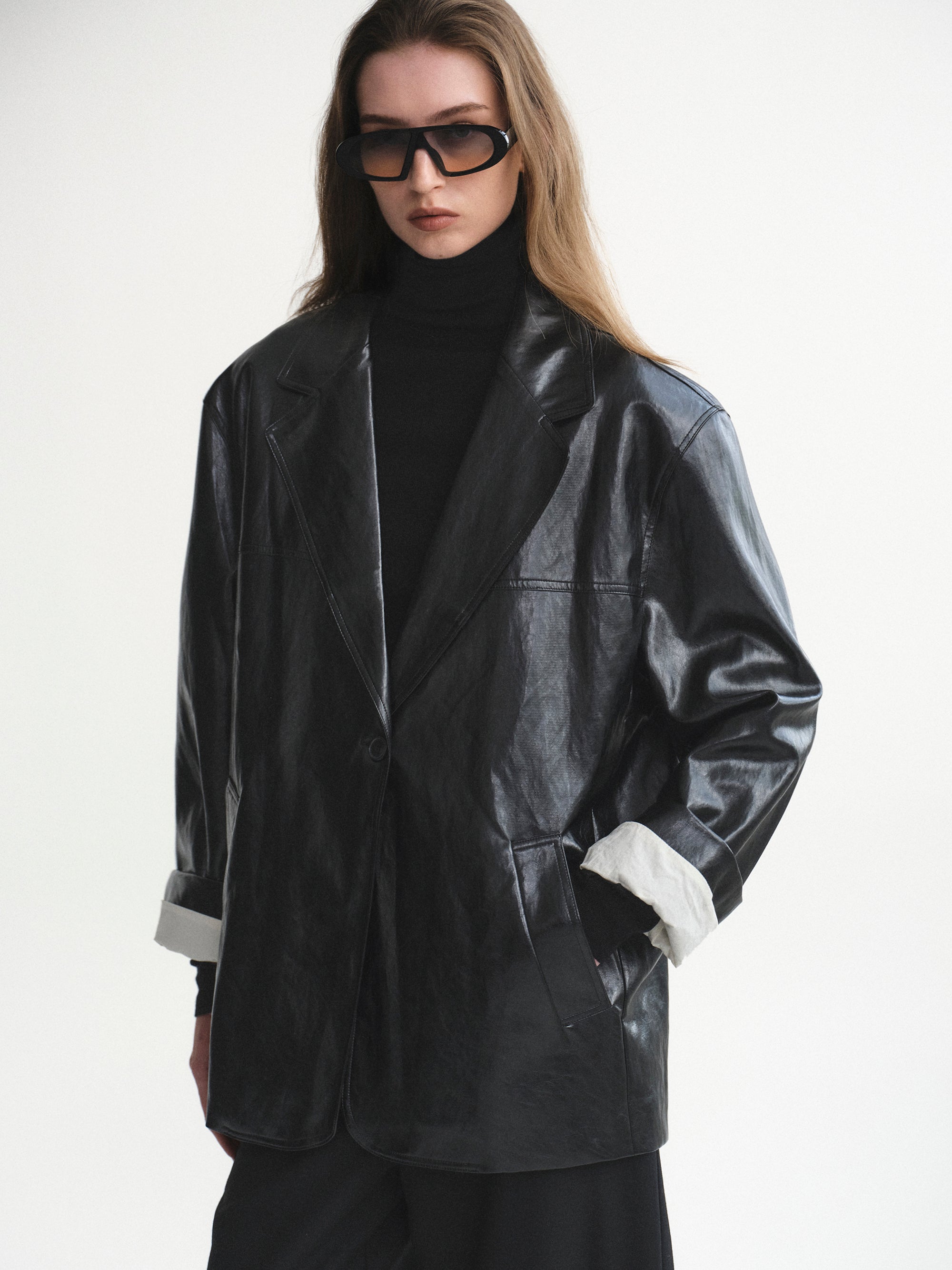 Tailored Faux-Leather Blazer, Black